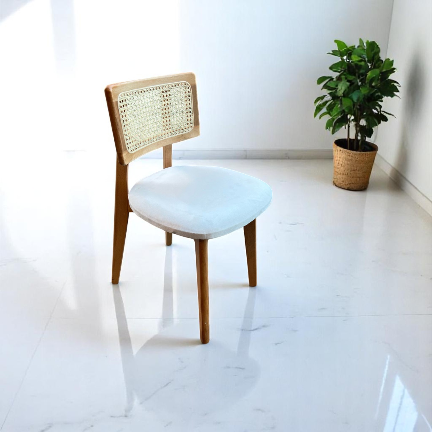 Wood Rattan Set of 4 Dining Chairs, Natural