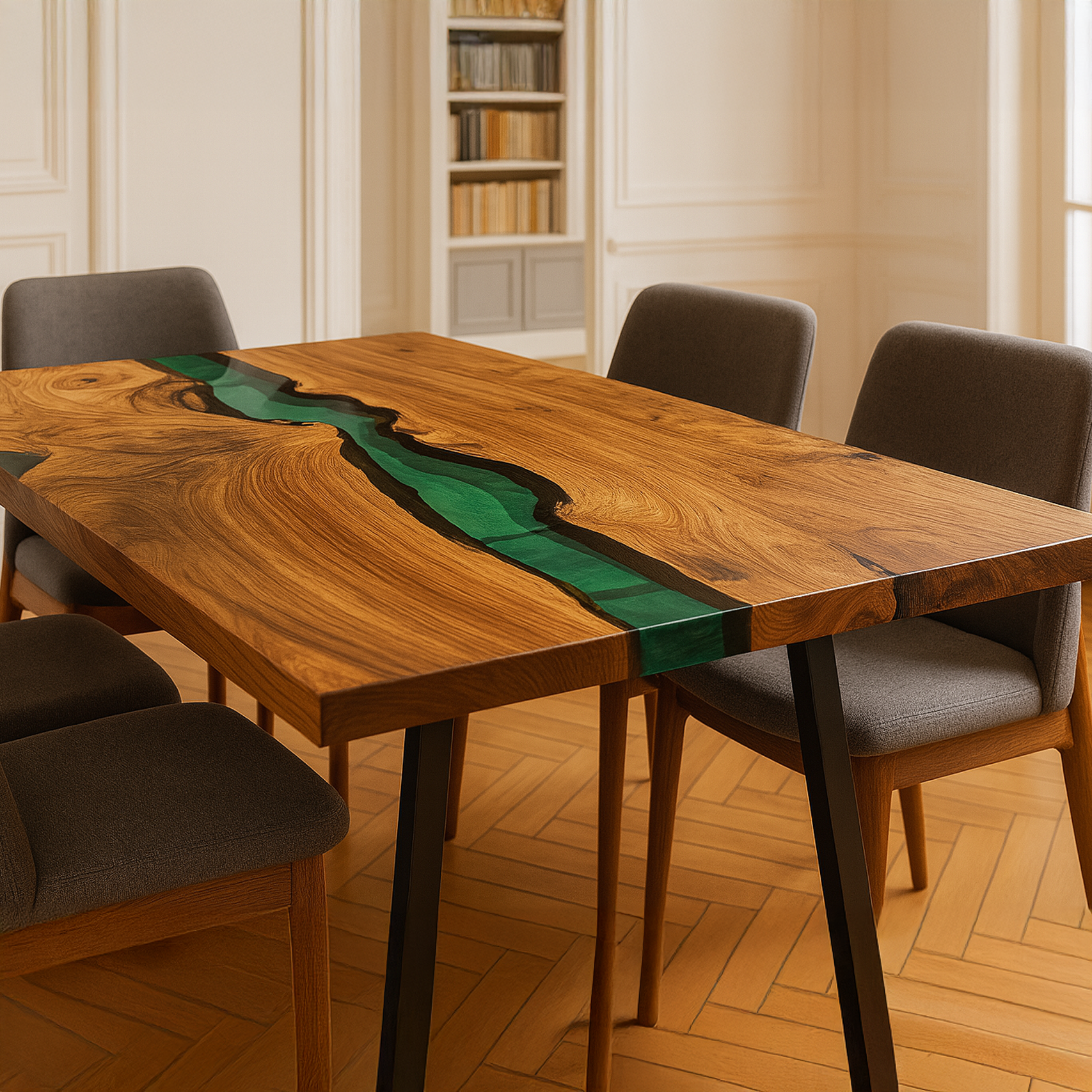 Clear Green Resin Epoxy Solid Walnut Dining Table