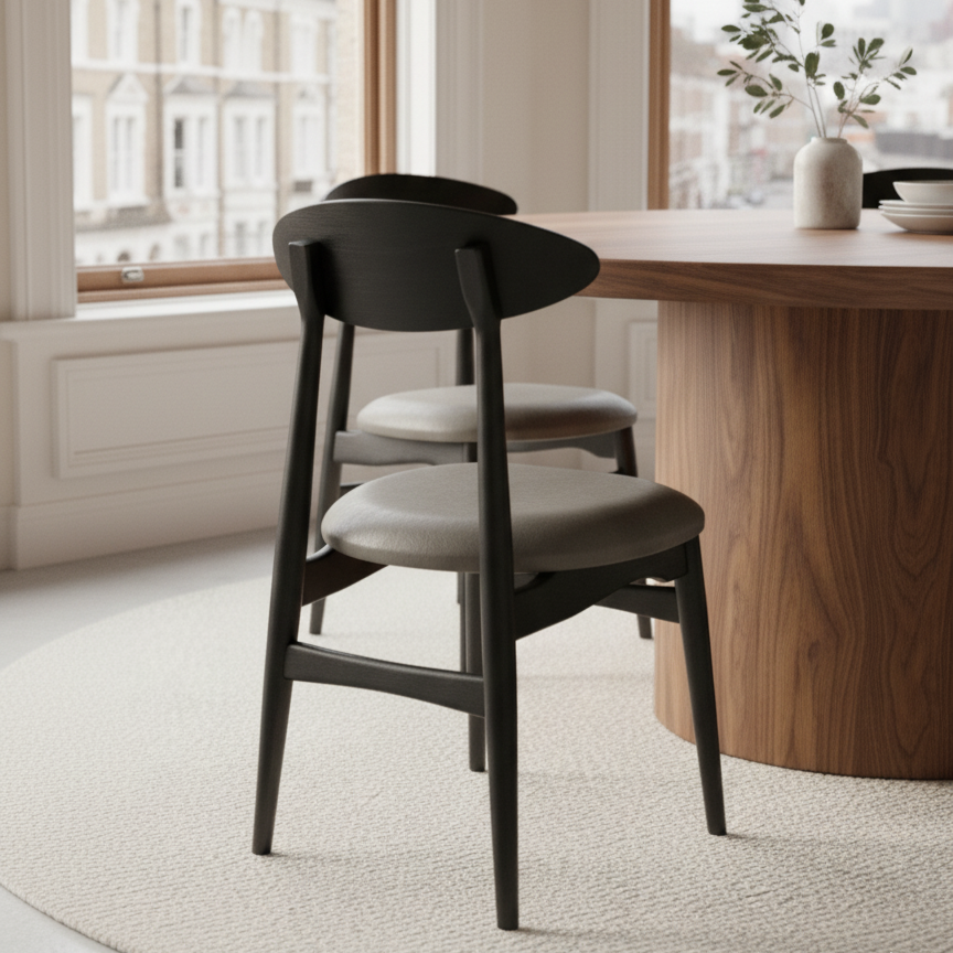 Oslo Scandinavian Dining Chair – Black Wood & Leather Upholstered Seat