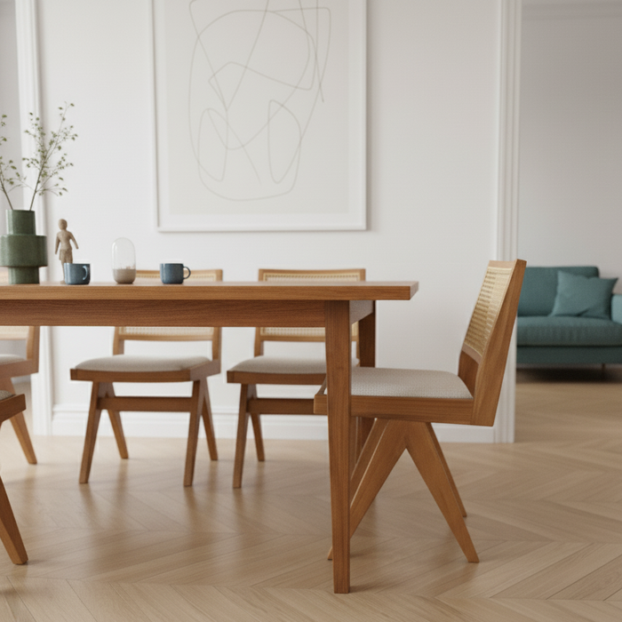 Pierre Wooden Rattan Dining Chair with Upholstered Seat without Armrest