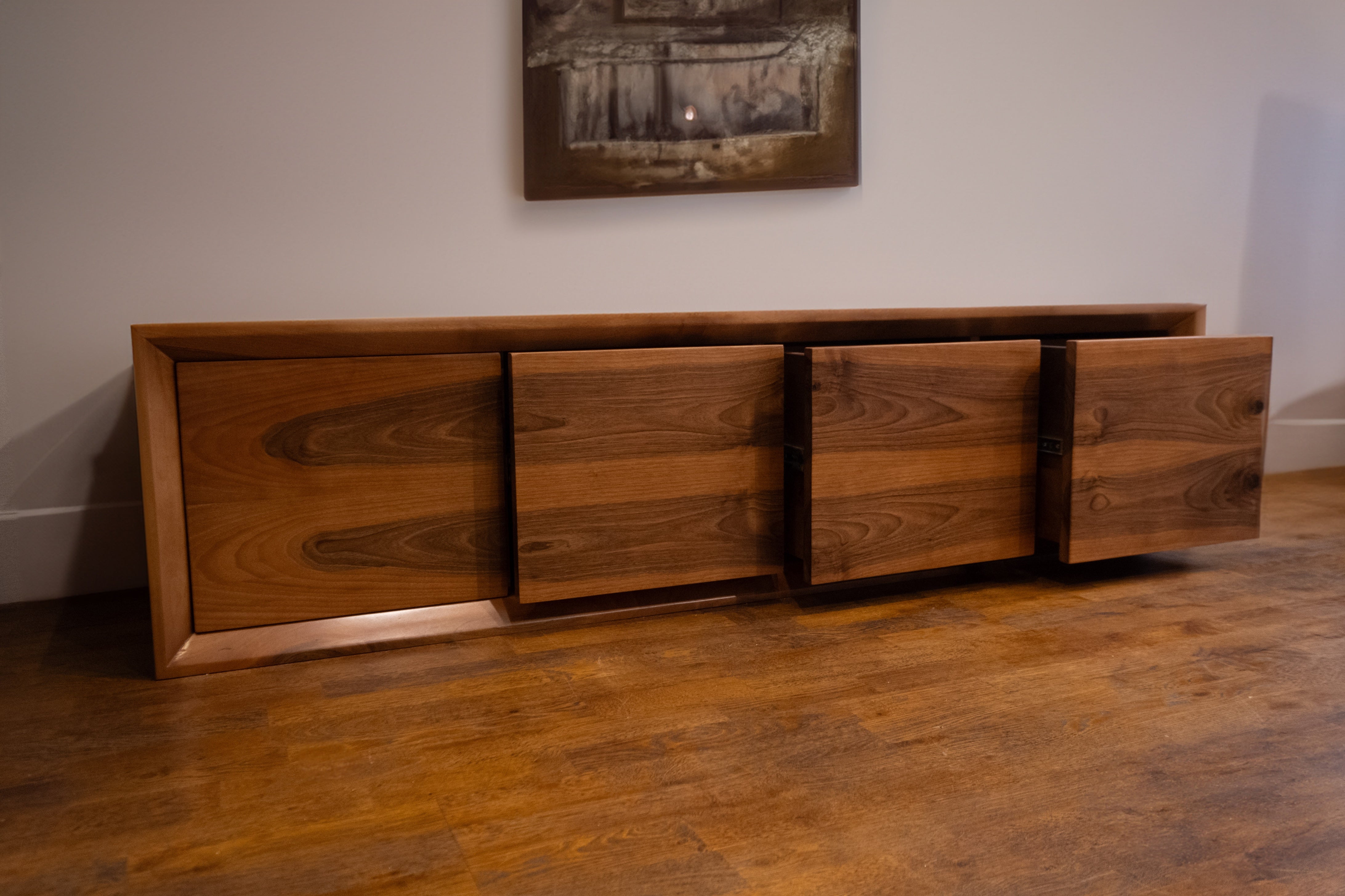 Handcrafted Solid Walnut TV Stand – One-Piece Design with 4 Seamless Drawers