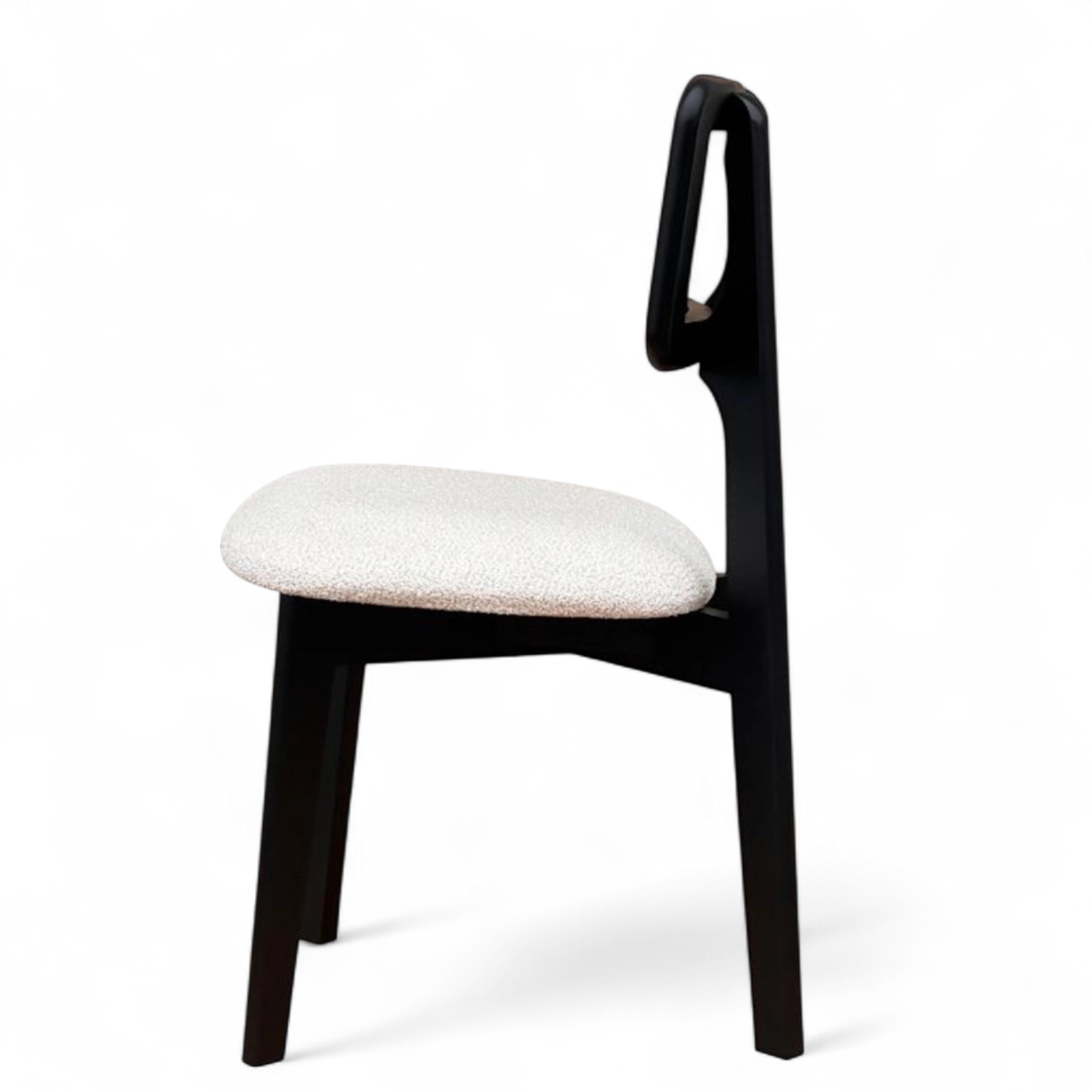 Black Wood Rattan Dining Chair with White Boucle Fabric