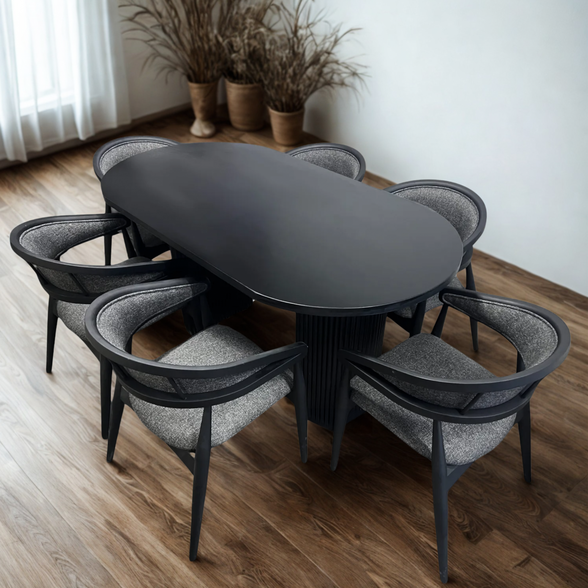 Set of 4 Black Wood Chair with Armrest