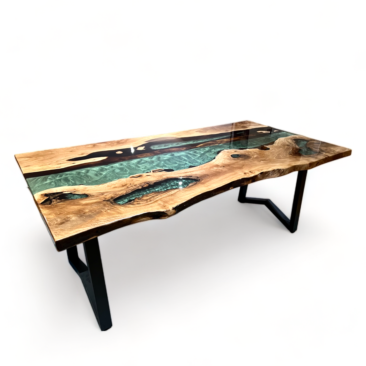 Green Epoxy Resin River Natural Walnut Live Edge Table