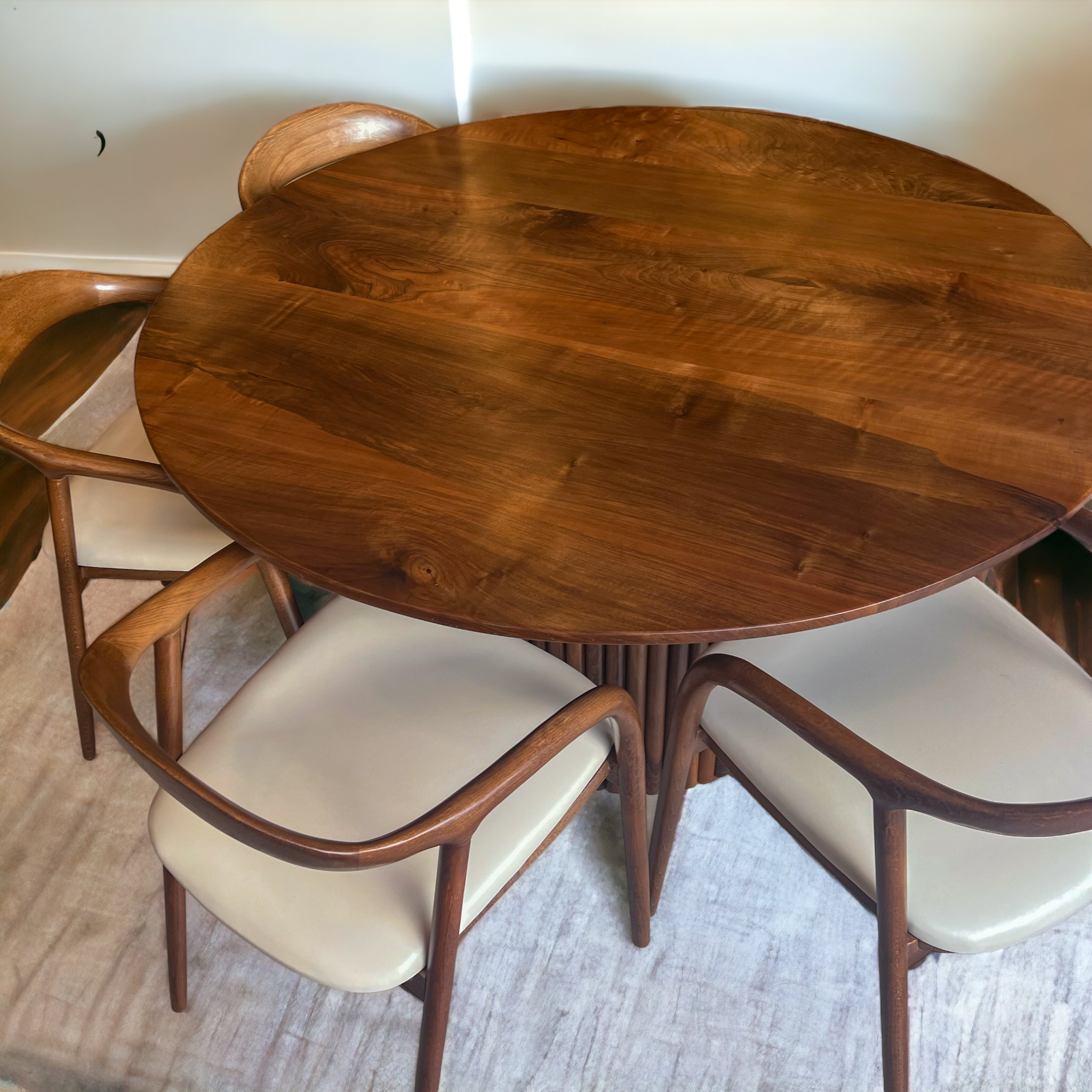 Japandi Round Walnut Nook Table with Fluted Cylinder Legs
