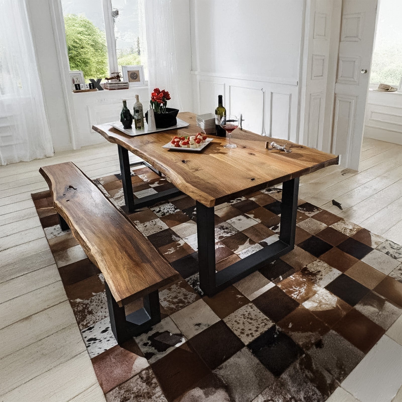 Live Edge Walnut Dining Table with Metal Legs | 6 or 8 or 10 Seater Industrial Design Walnut Table