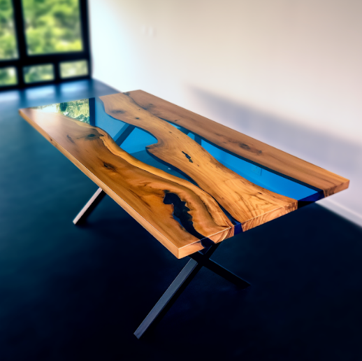 Transparent Blue Resin River Walnut Epoxy Table | Conference Room Table
