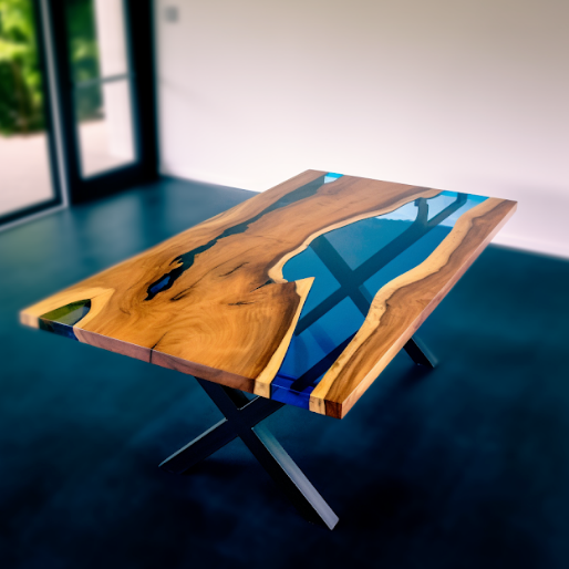 Transparent Blue Resin River Walnut Epoxy Table | Conference Room Table