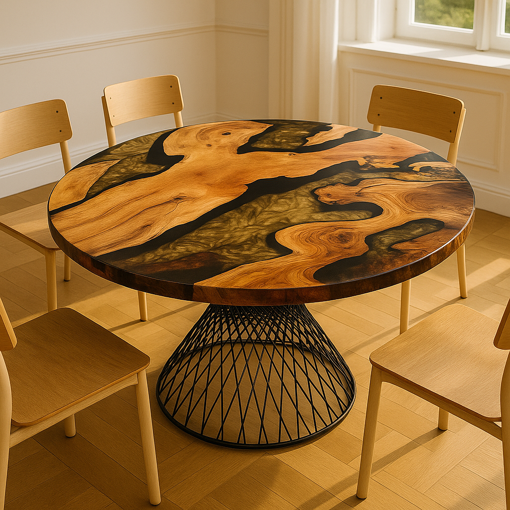Round Gold Epoxy Resin River Table with Metal Leg