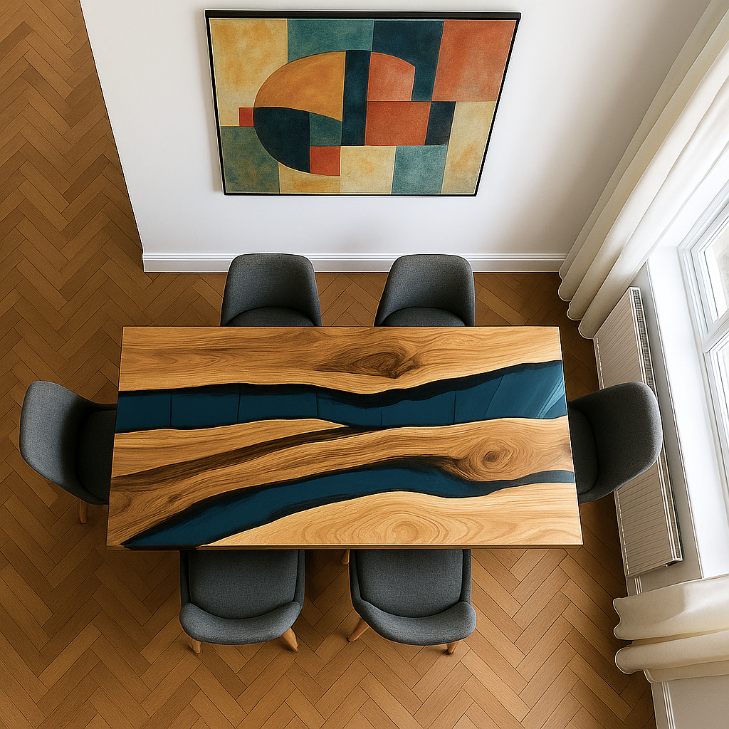 Custom-Made Live Edge Walnut Blue Epoxy Resin River Table