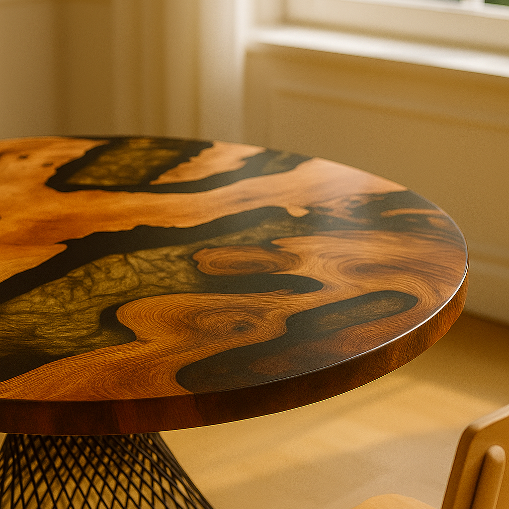 Round Gold Epoxy Resin River Table with Metal Leg