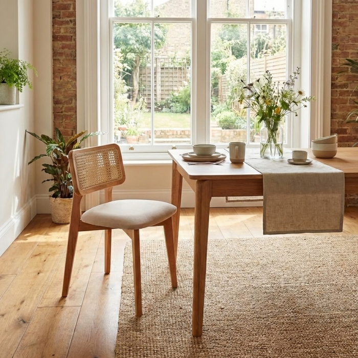 Natural Wood Rattan Dining Chair with Upholstered Seat