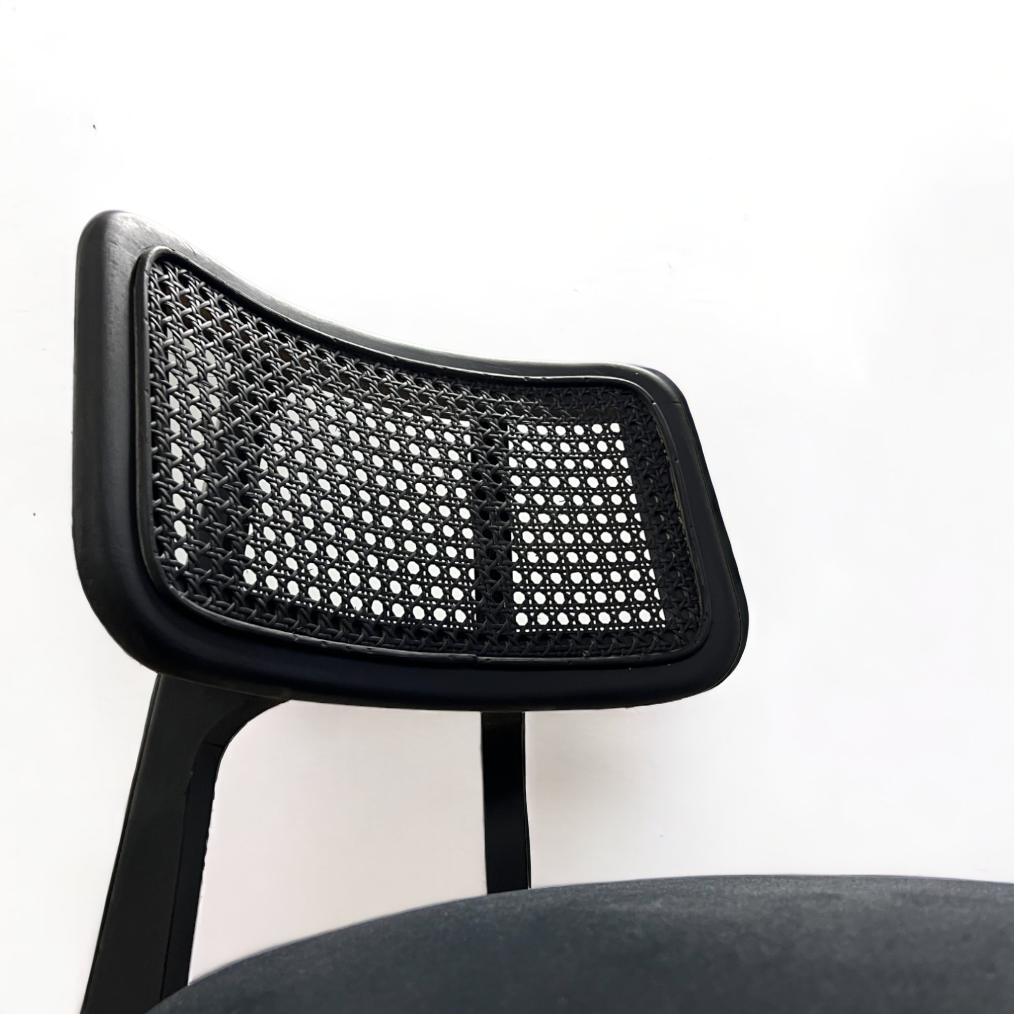 Black Wood Rattan Dining Chair with Upholstered Seat