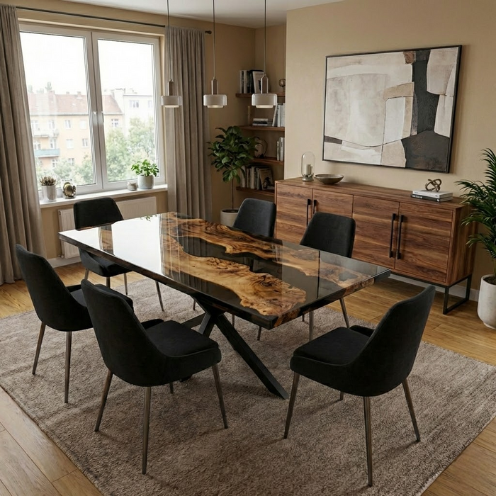 Transparent Black Resin River Epoxy Walnut Dining Table