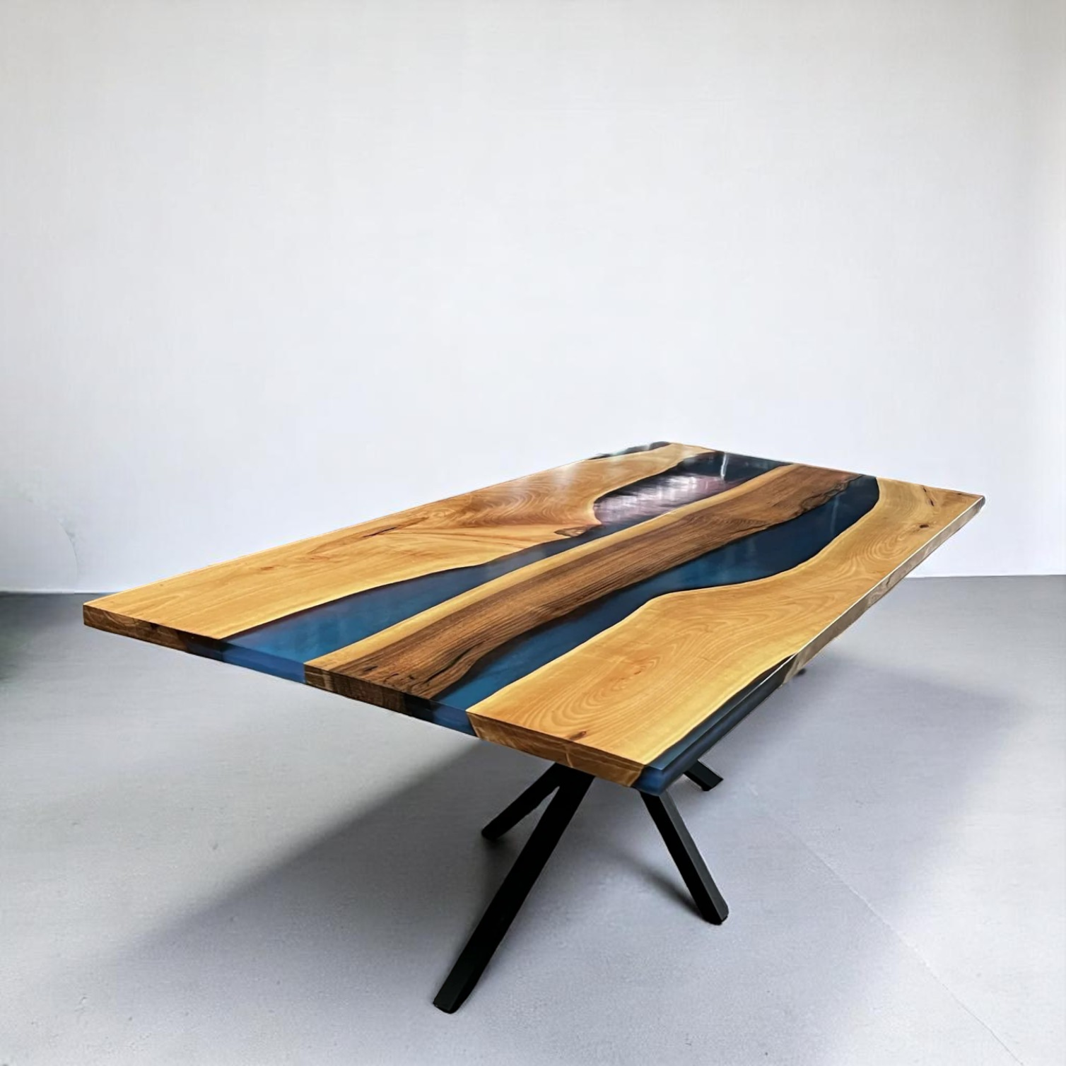Custom-Made Live Edge Walnut Blue Epoxy Resin River Table