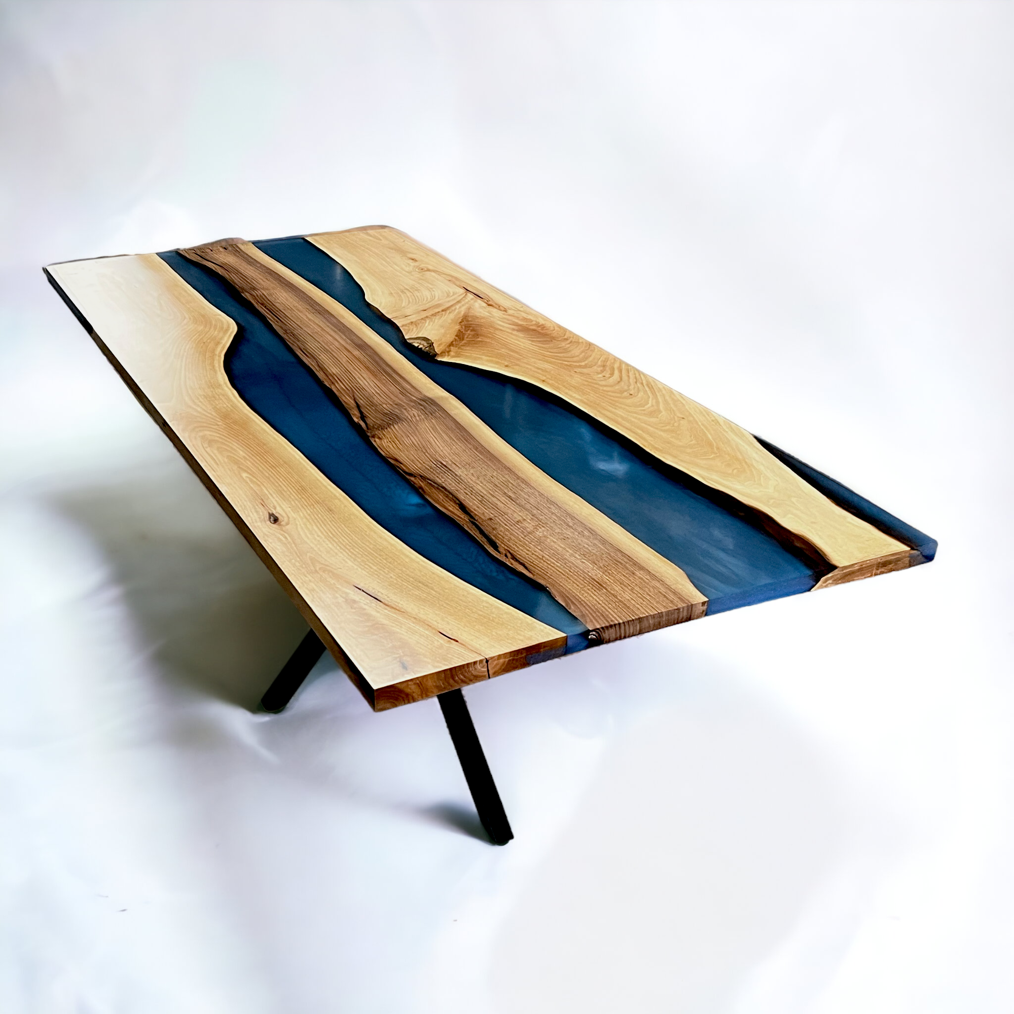 Custom-Made Live Edge Walnut Blue Epoxy Resin River Table