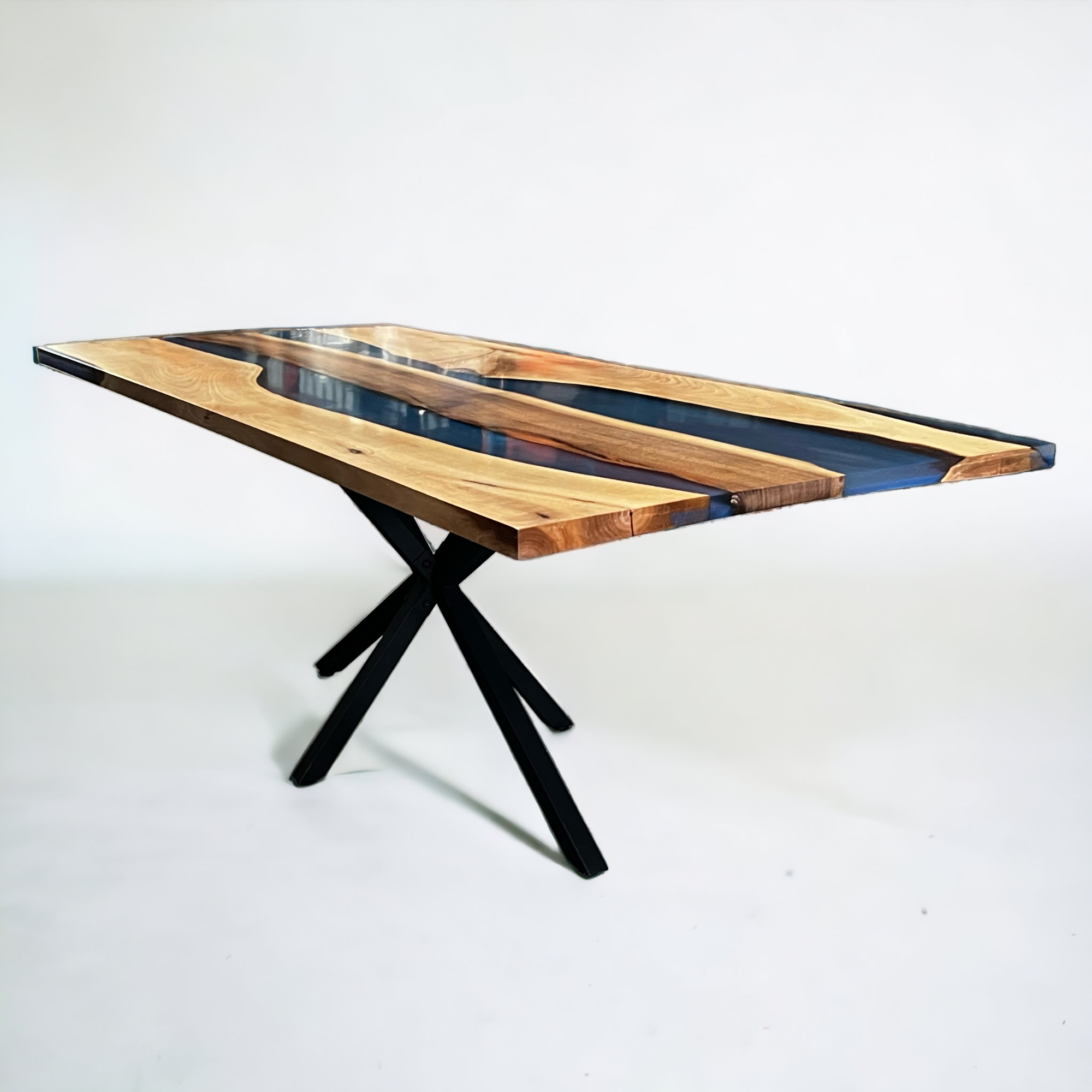 Custom-Made Live Edge Walnut Blue Epoxy Resin River Table