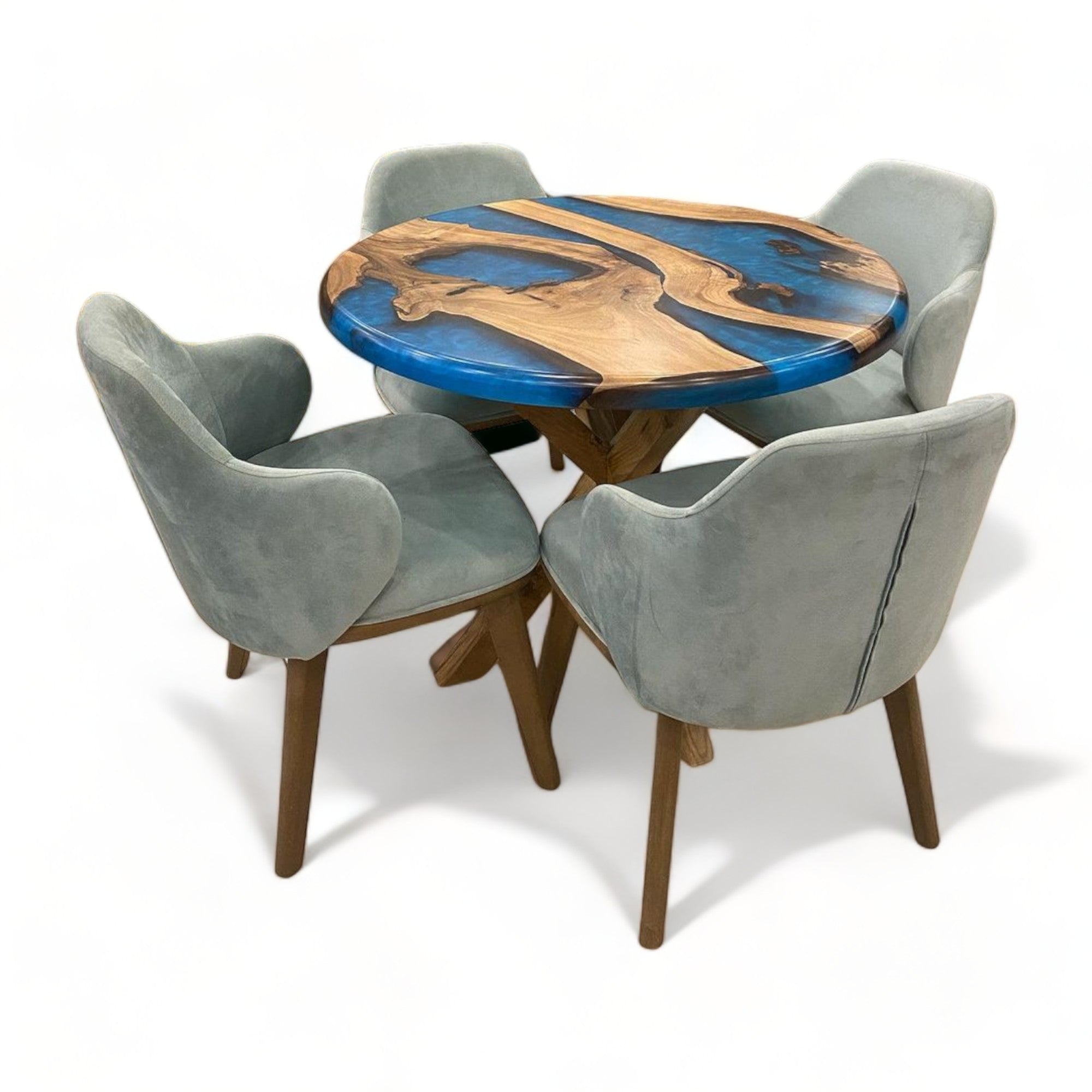 Round Walnut Blue Epoxy Resin River Table
