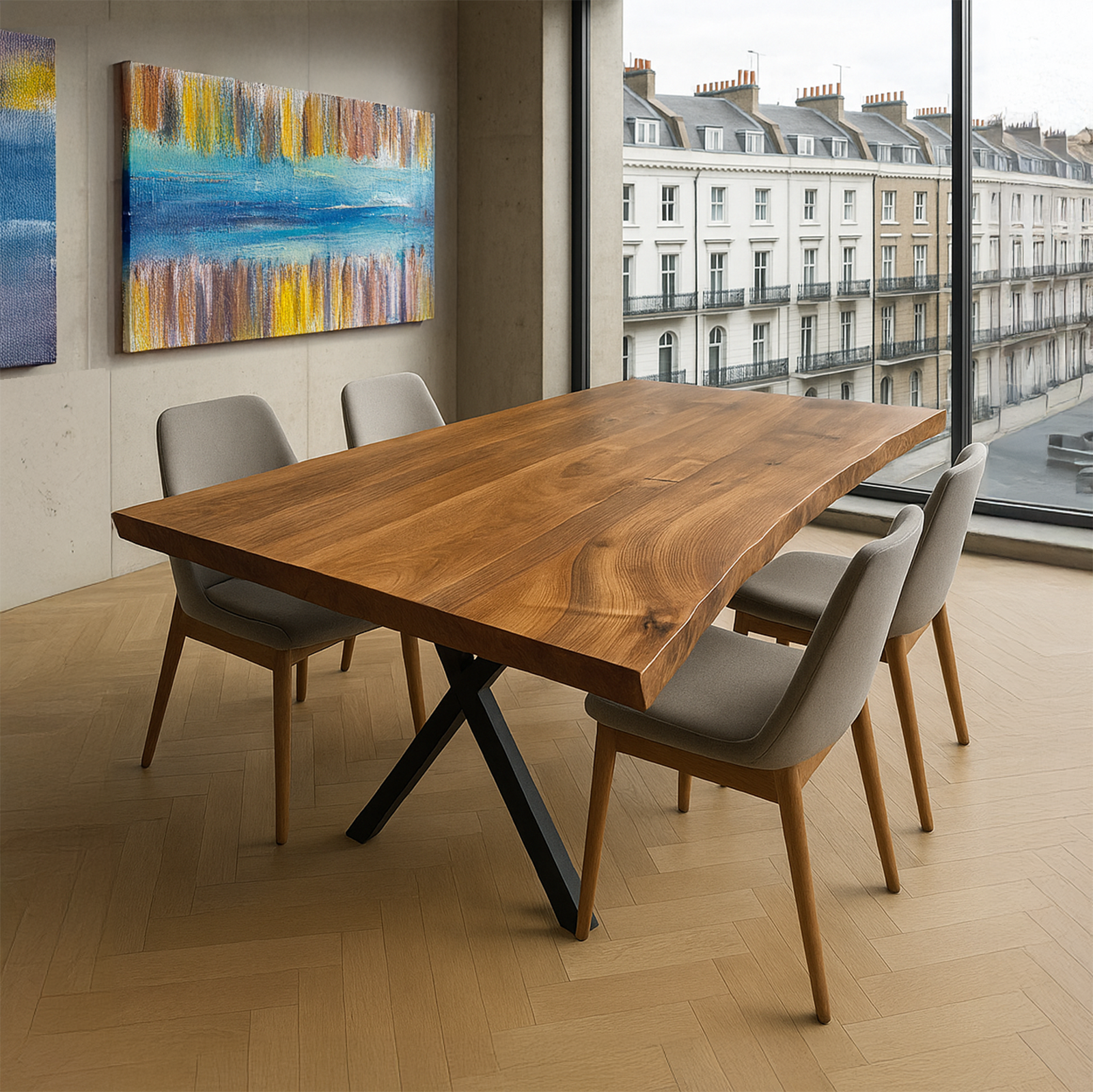 Live Edge Walnut Dining Table with Metal Legs | 6 or 8 or 10 Seater Industrial Design Walnut Table