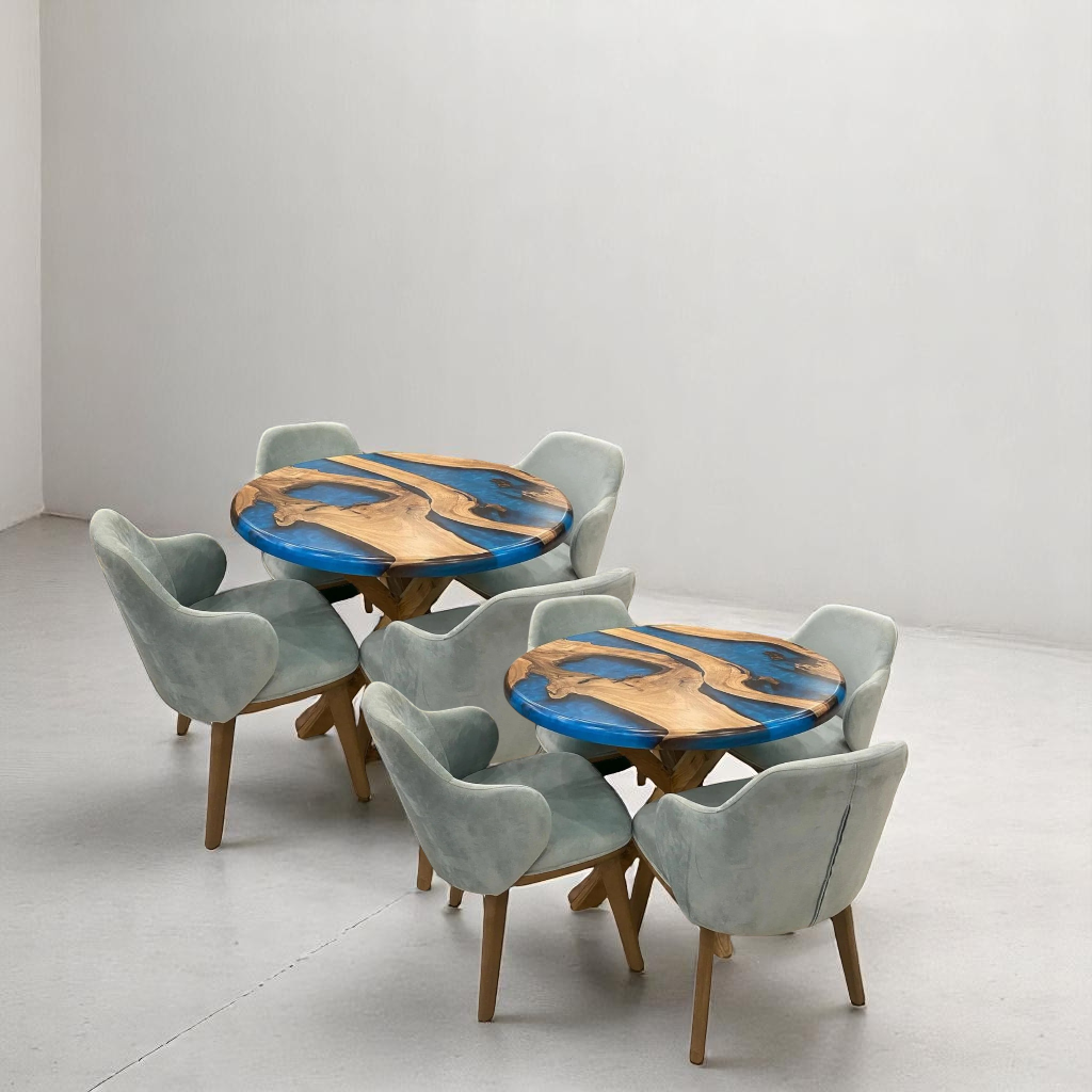 Round Walnut Blue Epoxy Resin River Table