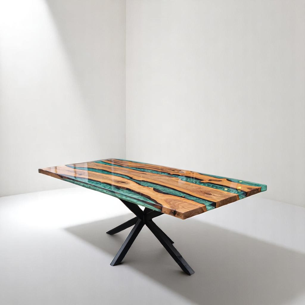 Resin River Pearl Green Epoxy Walnut Live Edge Table