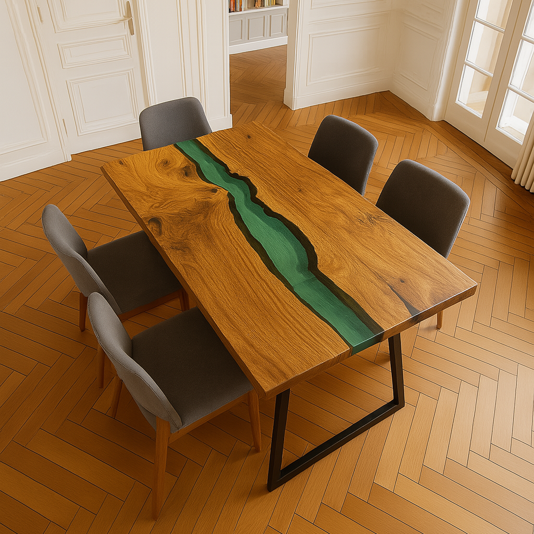 Clear Green Resin Epoxy Solid Walnut Dining Table