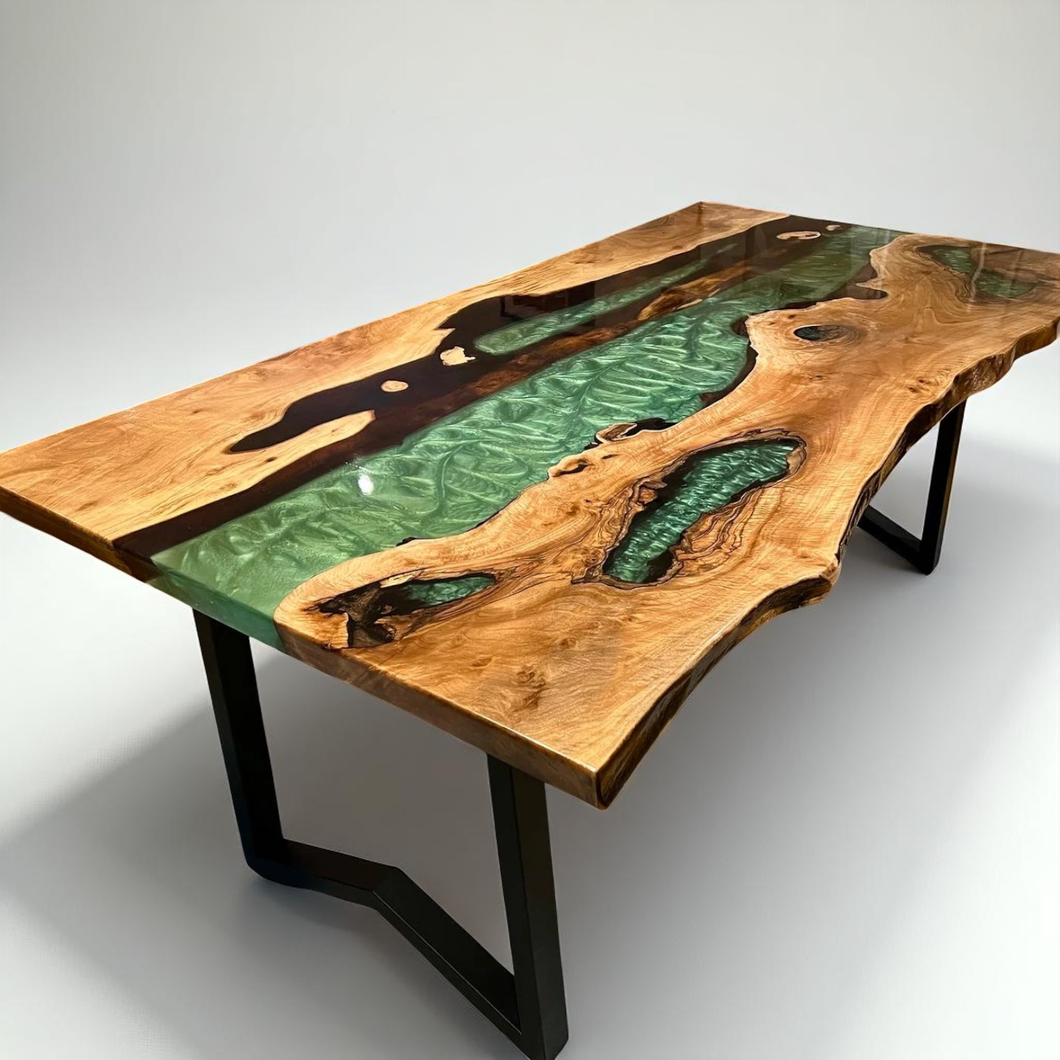 Green Epoxy Resin River Natural Walnut Live Edge Table
