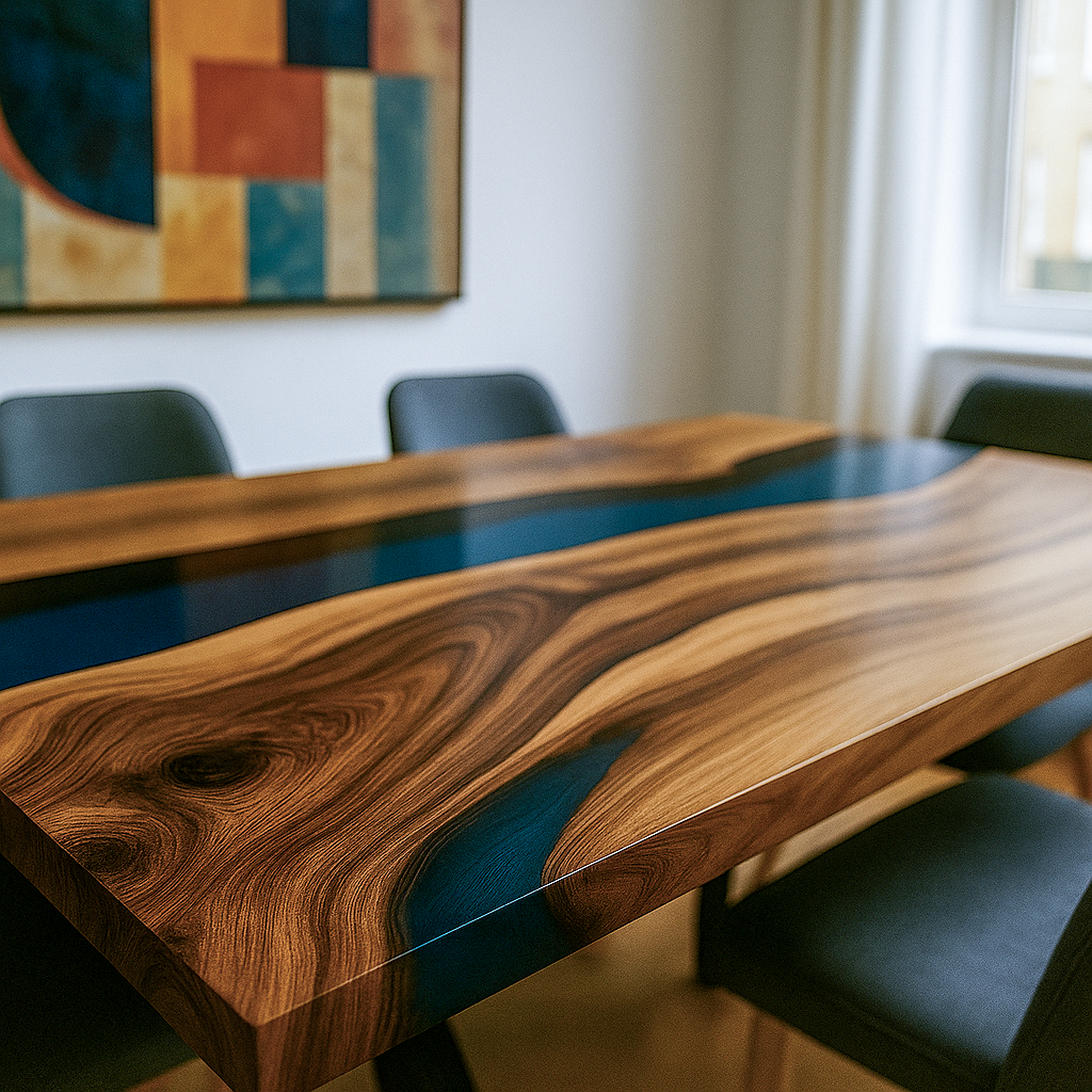 Custom-Made Live Edge Walnut Blue Epoxy Resin River Table