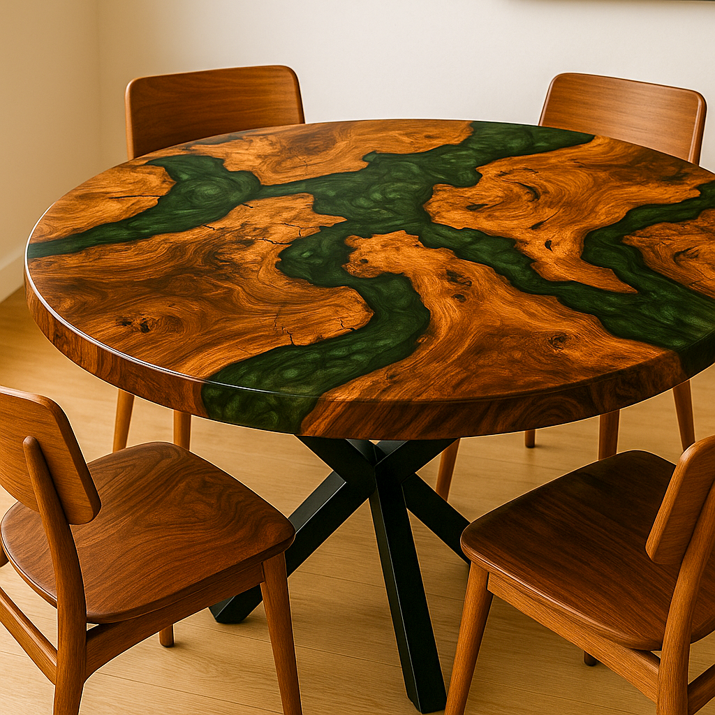 Green Epoxy Round Walnut Table