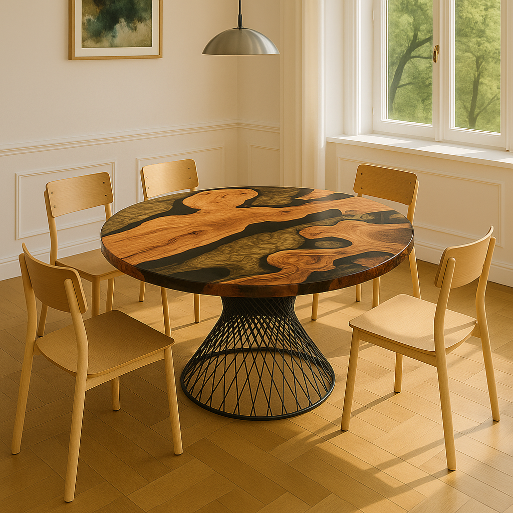 Round Gold Epoxy Resin River Table with Metal Leg