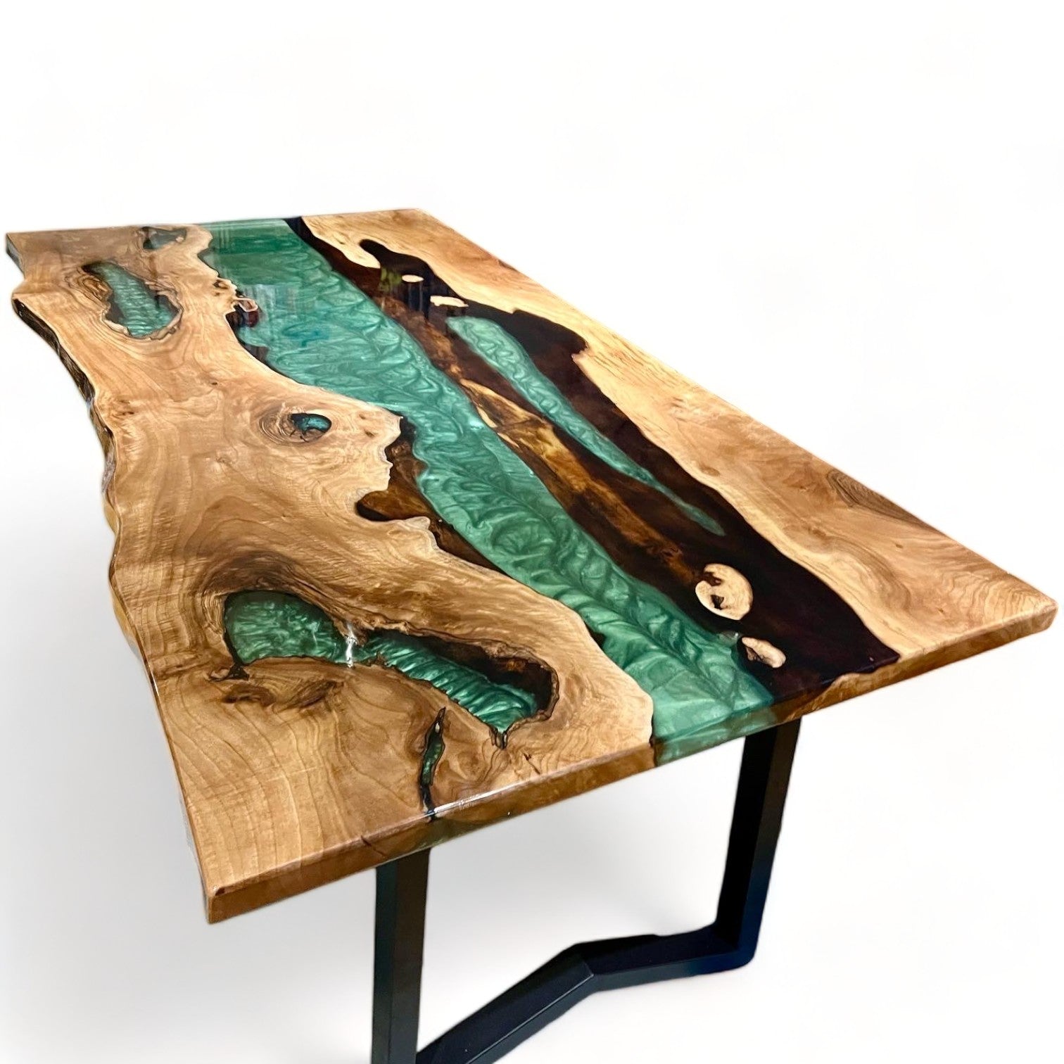 Green Epoxy Resin River Natural Walnut Live Edge Table