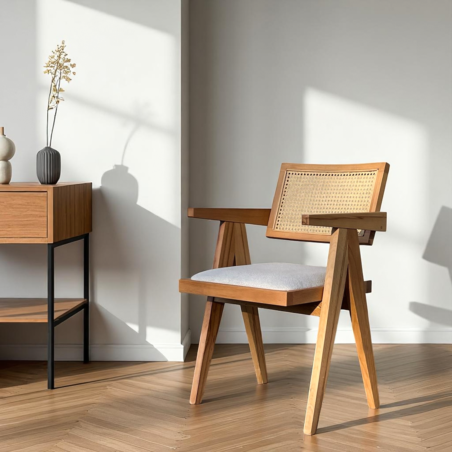 Pierre Rattan Dining Chair with Upholstered Seat and Armrest