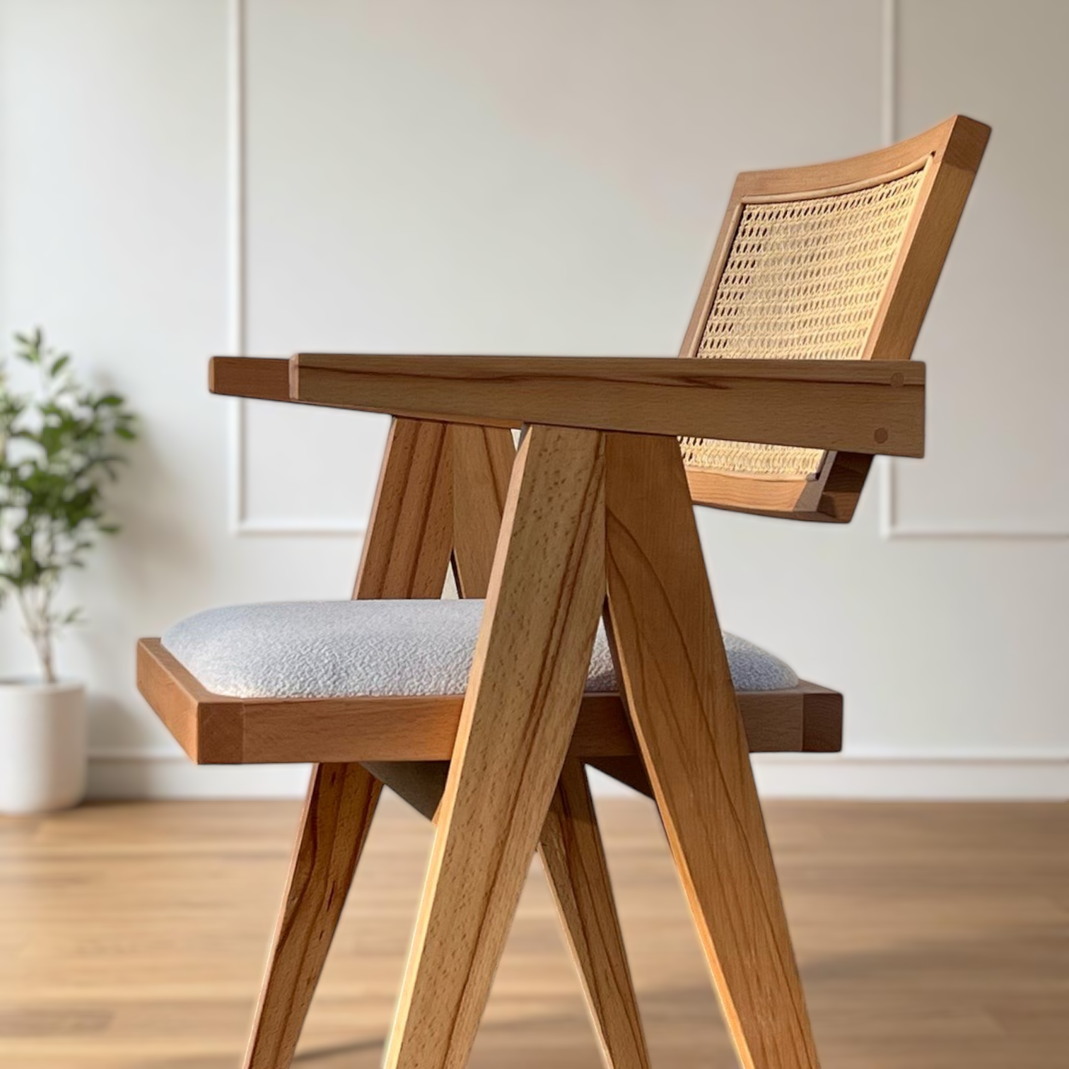 Pierre Rattan Dining Chair with Upholstered Seat and Armrest