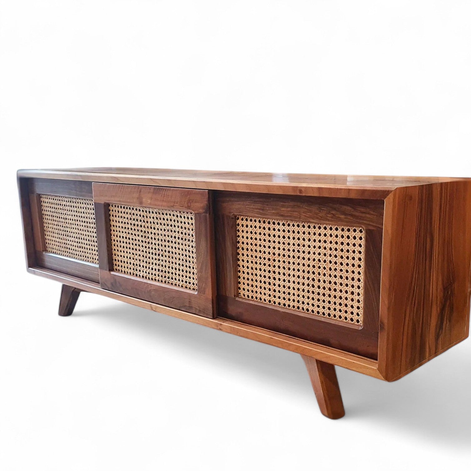 Wicker Walnut Wood TV Unit | Natural Wooden and Media Console | Industrial Style TV Stand | Loft Style TV Mass
