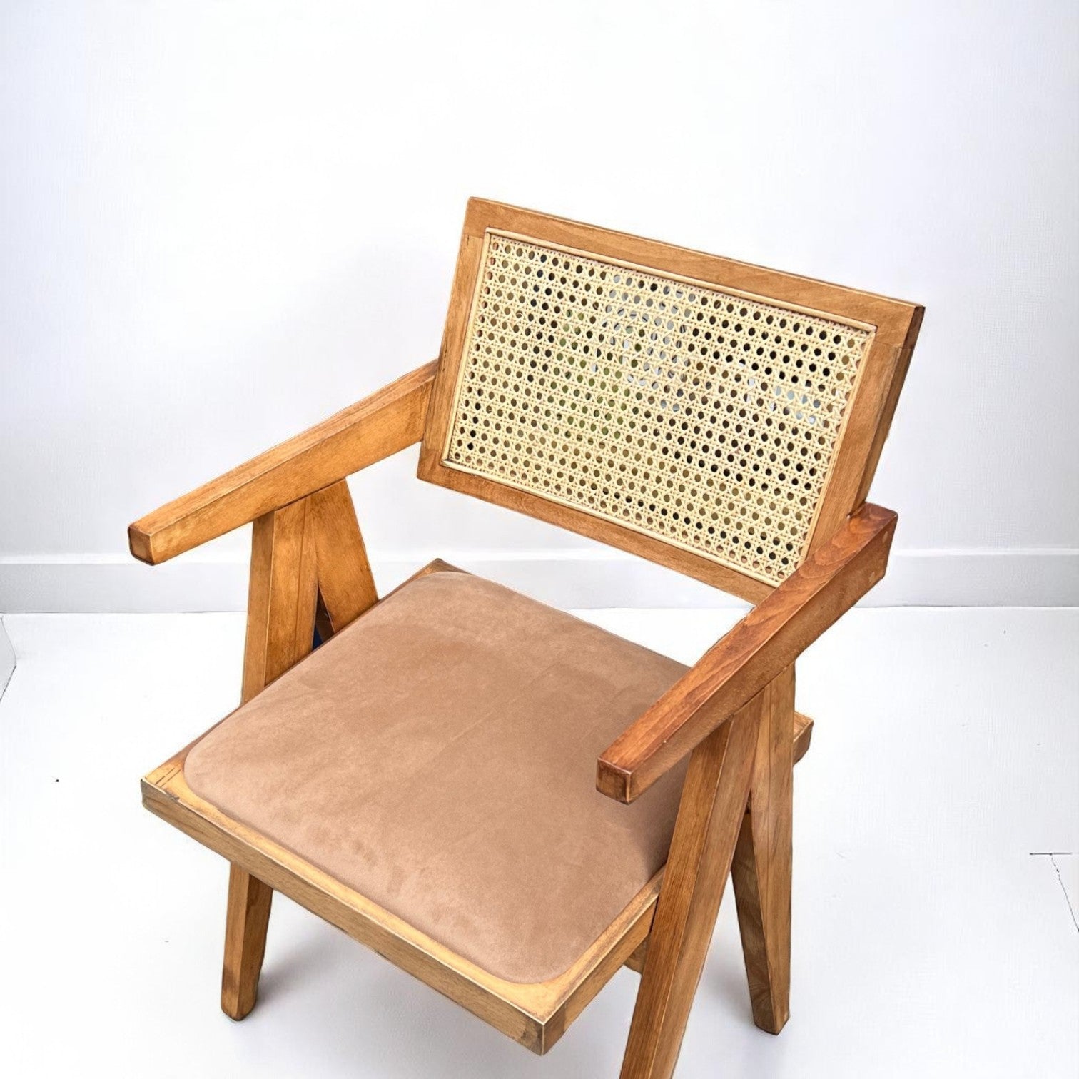 Pierre Rattan Dining Chair with Upholstered Seat and Armrest (Dark Oak Frame)