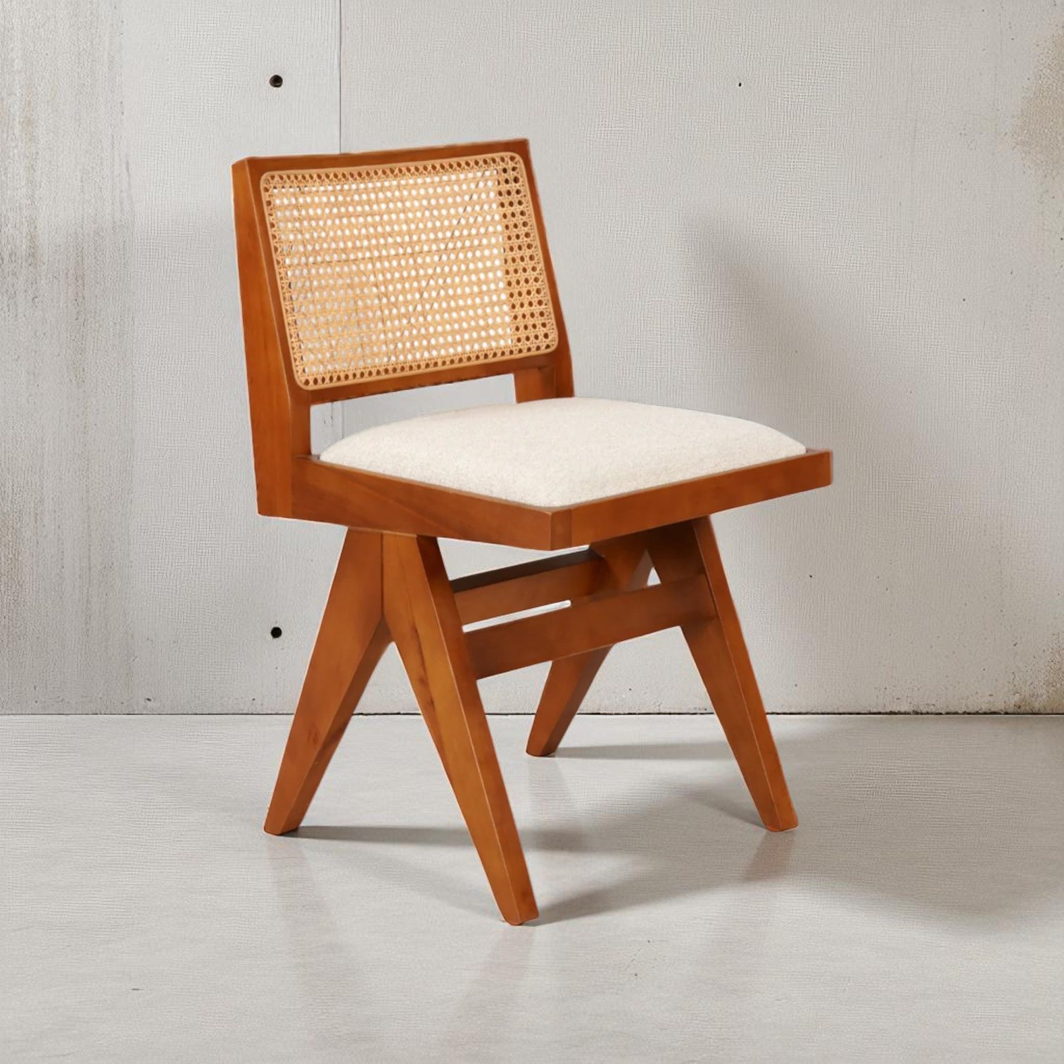 Teak Color Armless Pierre Chair with Wood Frame and Rattan Backrest