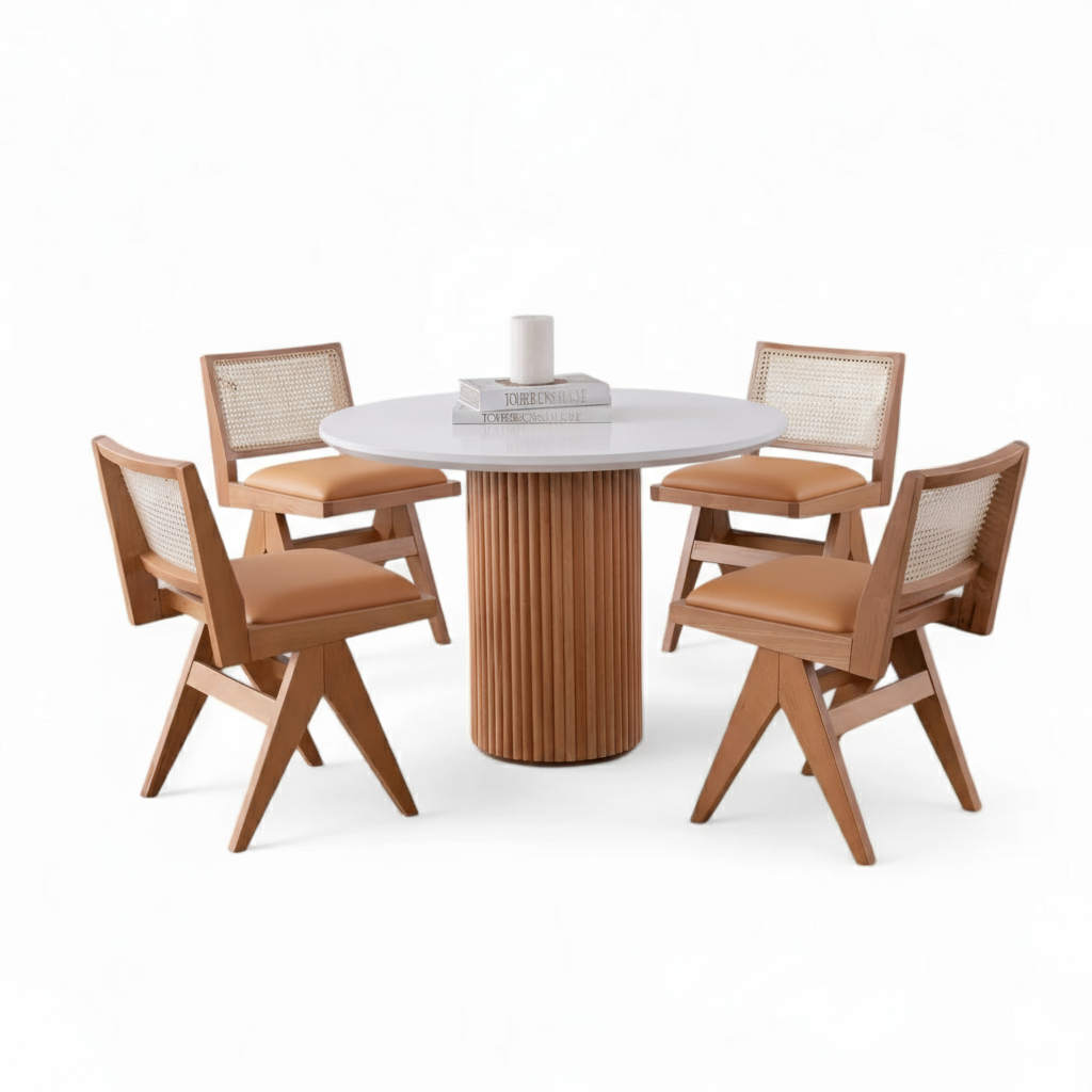 Pierre Wooden Rattan Light Oak Dining Chair with Tan Leather Seat