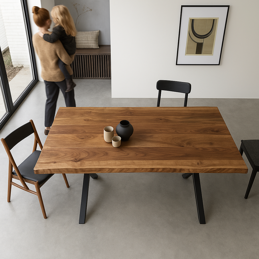 Live Edge Walnut Dining Table with Metal Legs | 6 or 8 or 10 Seater Industrial Design Walnut Table