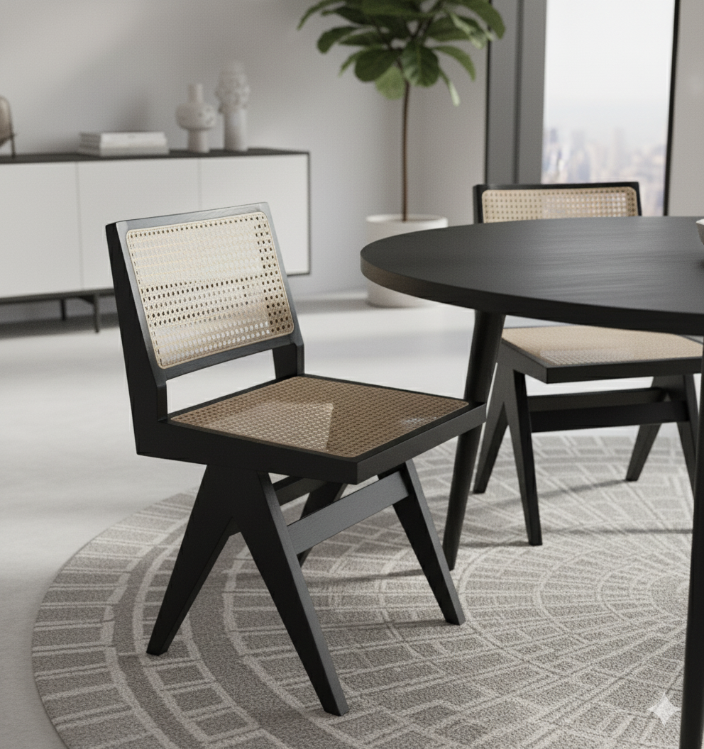 Pierre Black Wooden Natural Rattan Dining Chair