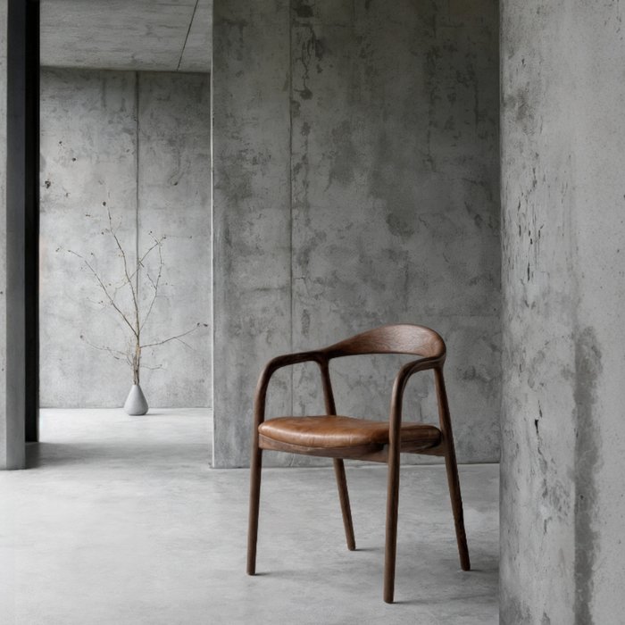 Mid-Century Modern Walnut-Finish Dining Chair with Leather Upholstery