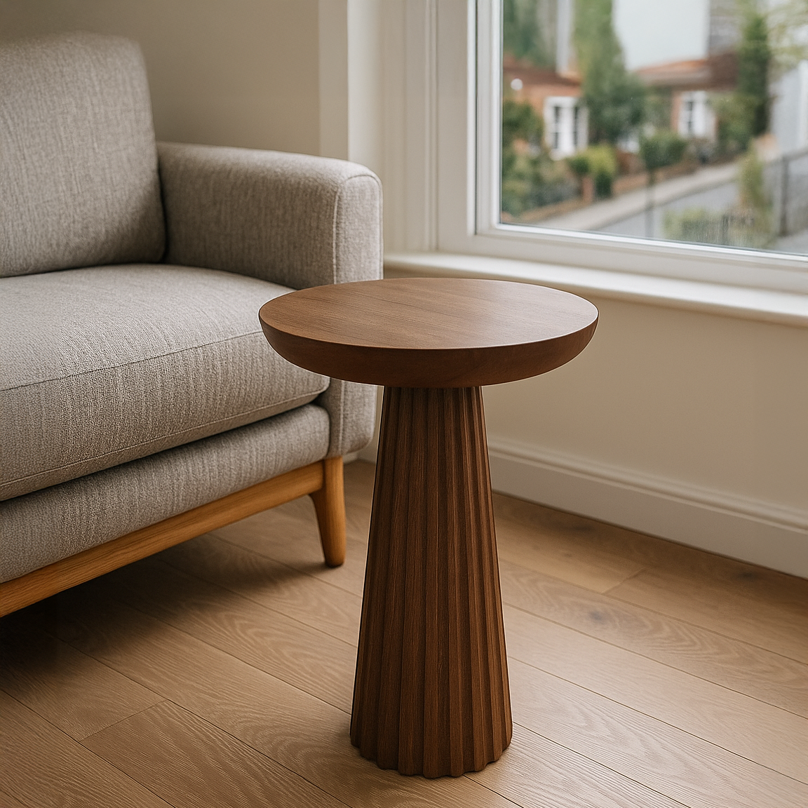 Fluted Walnut Mushroom Solid Wood Round End Table | Ribbed Walnut Colour Side Table