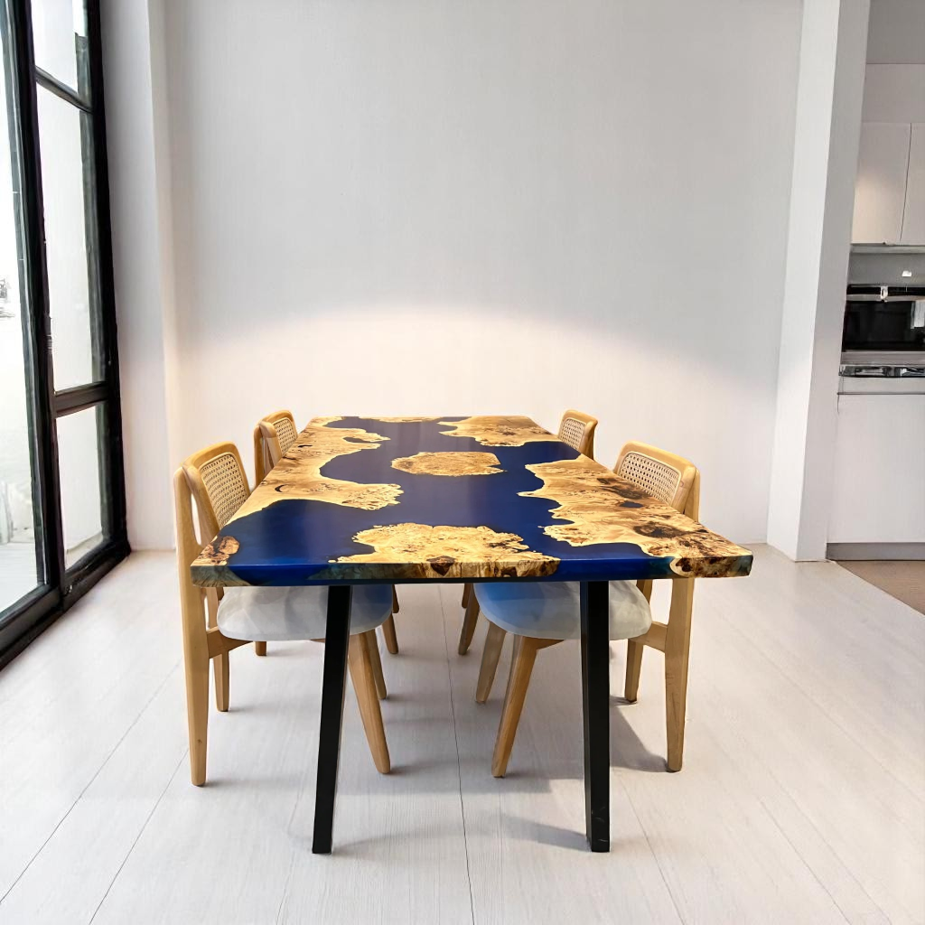 Blue Resin Dining Table - Blue Mappa Burl Resin Epoxy Table