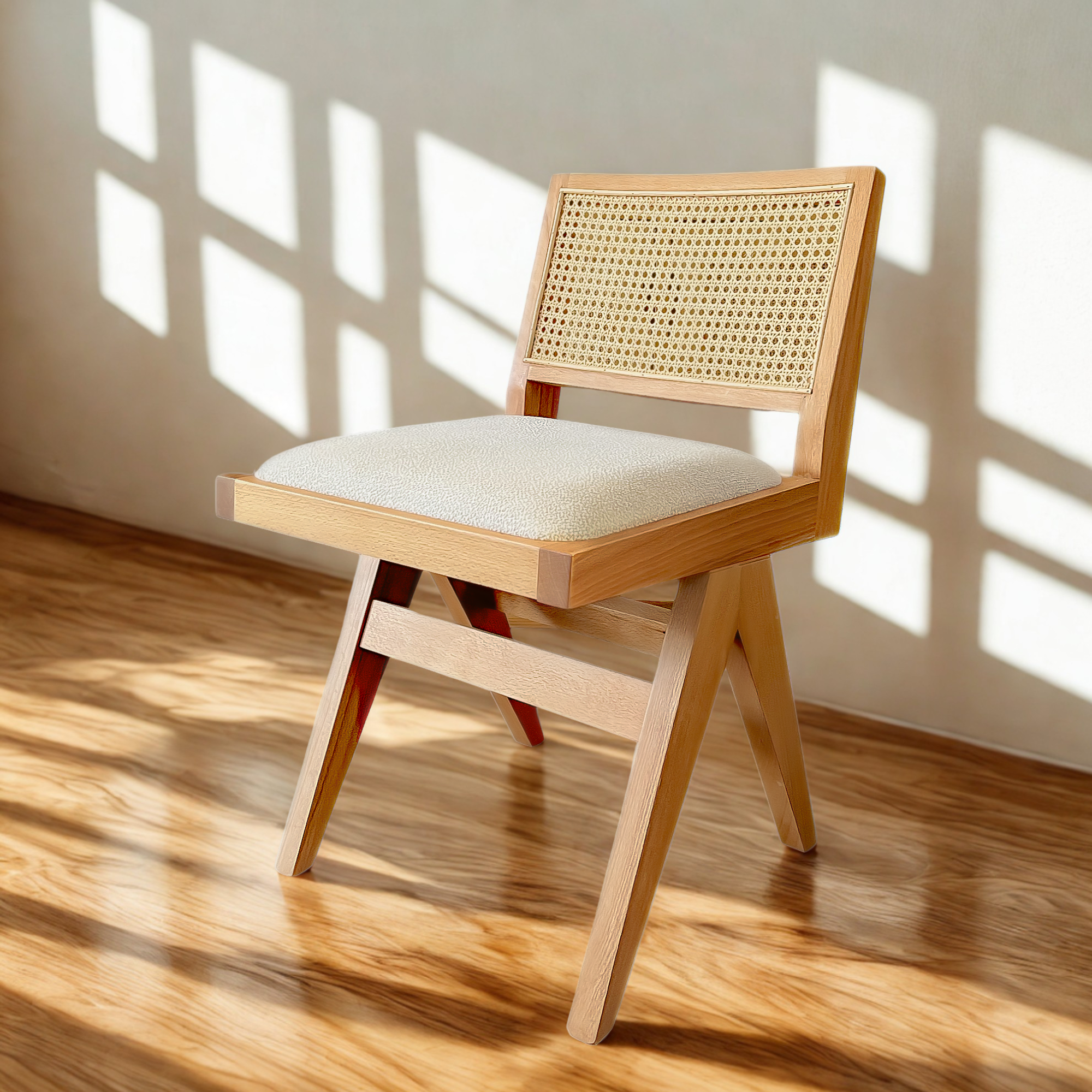 Pierre Wooden Rattan Dining Chair with Upholstered Seat without Armrest