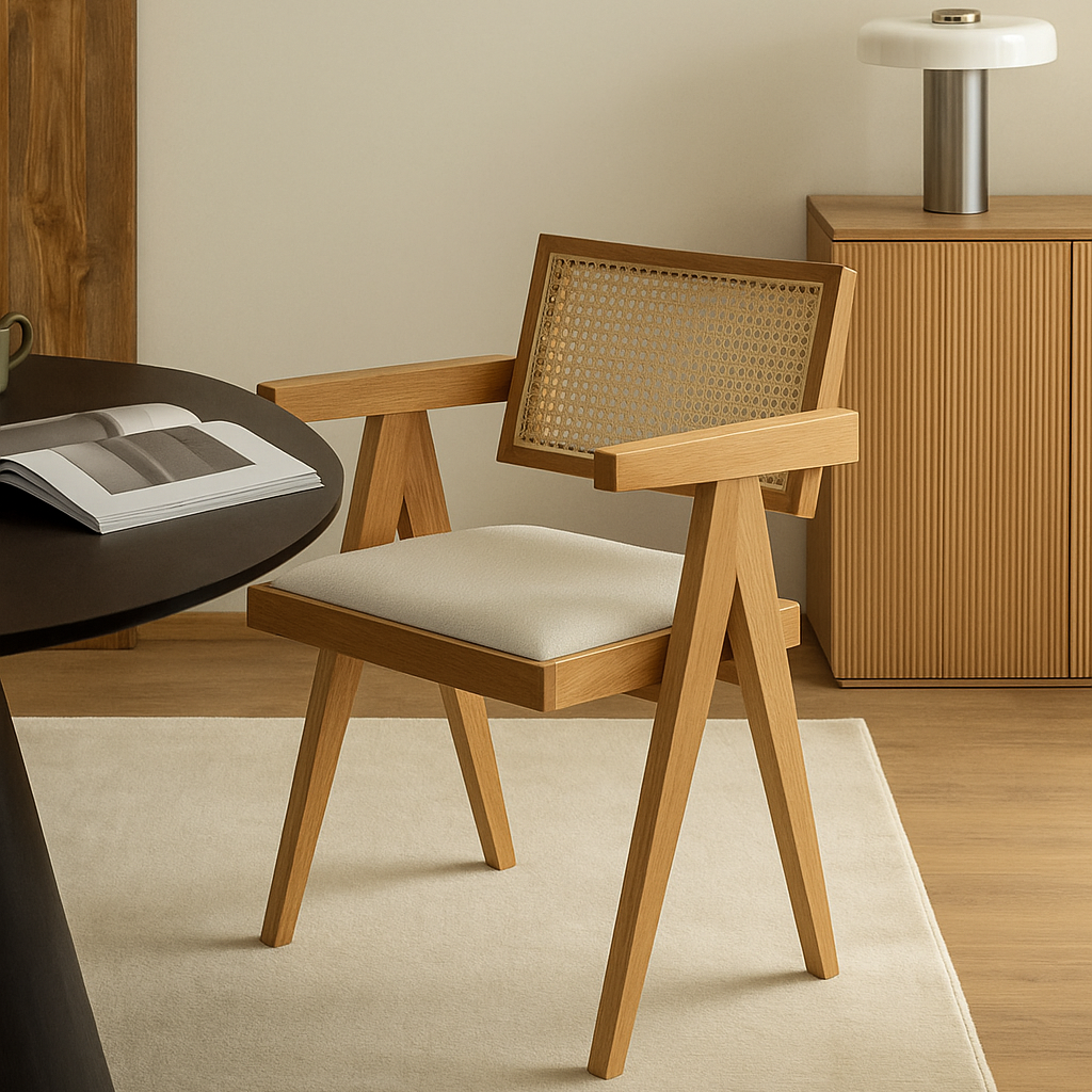 Pierre Rattan Dining Chair with Upholstered Seat and Armrest