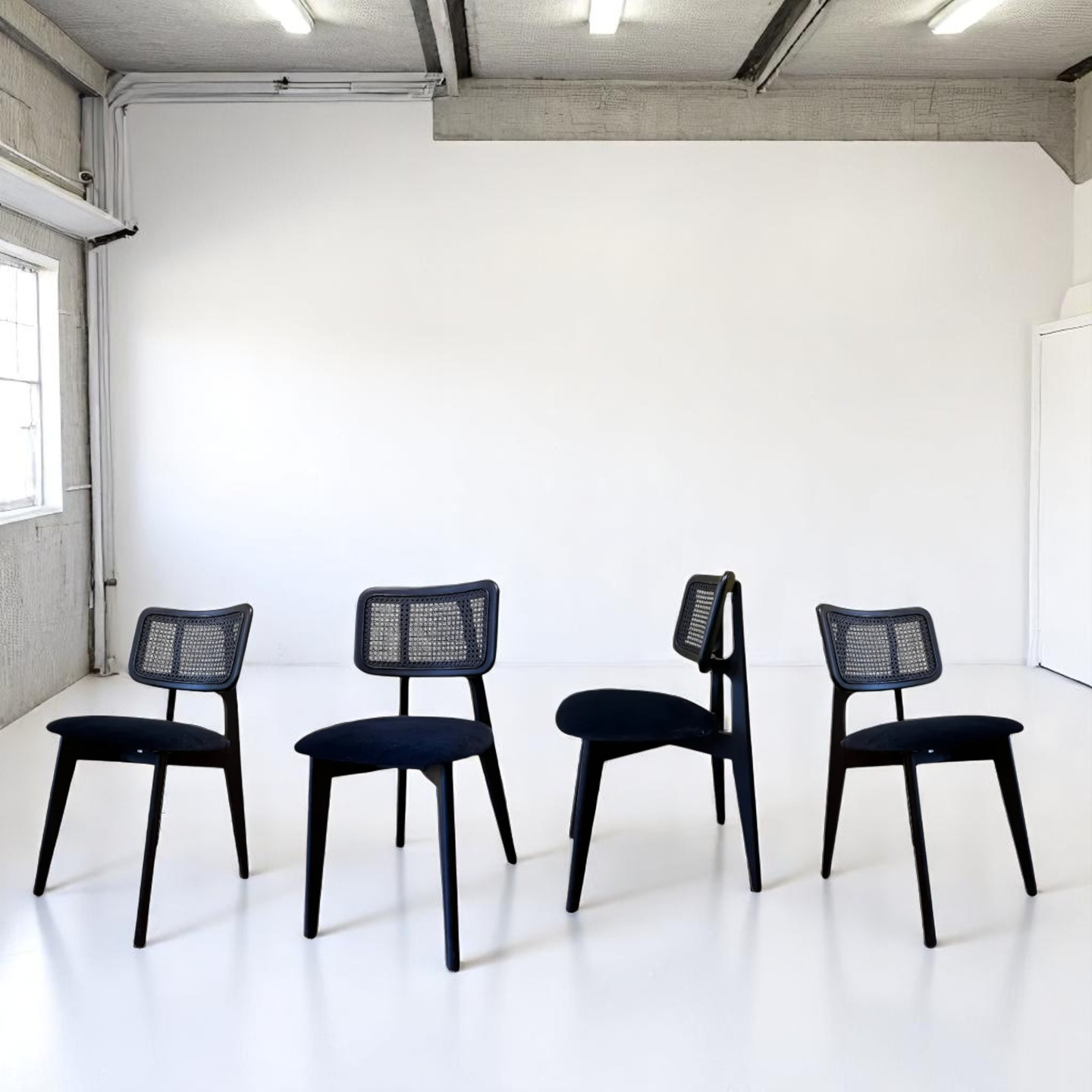 Set of 4 Black Wood Rattan Dining Chair with Upholstered Seat