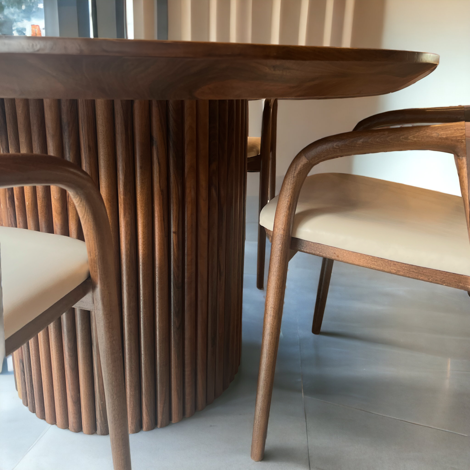 Japandi Round Walnut Nook Table with Fluted Cylinder Legs