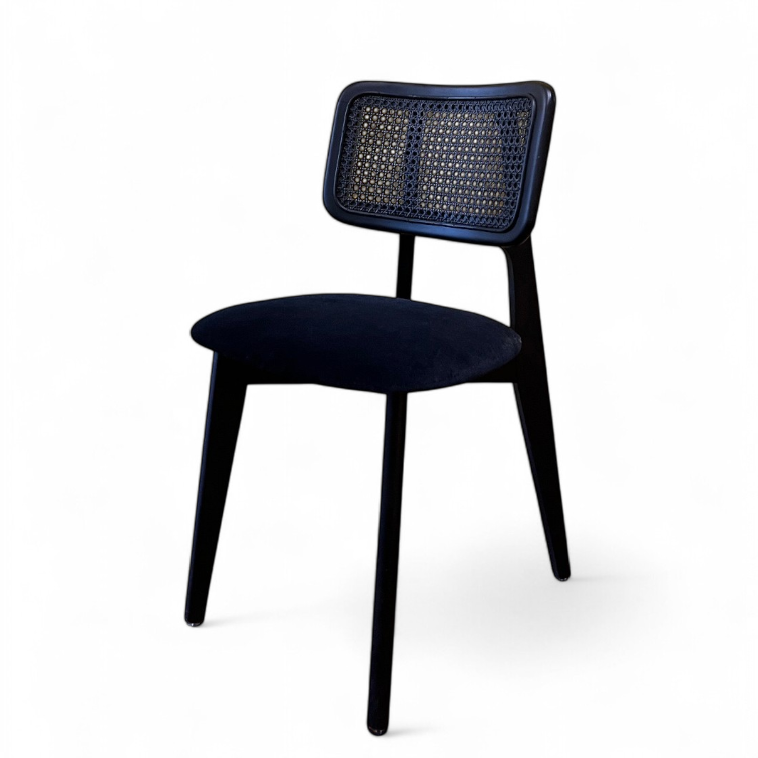 Set of 4 Black Wood Rattan Dining Chair with Upholstered Seat