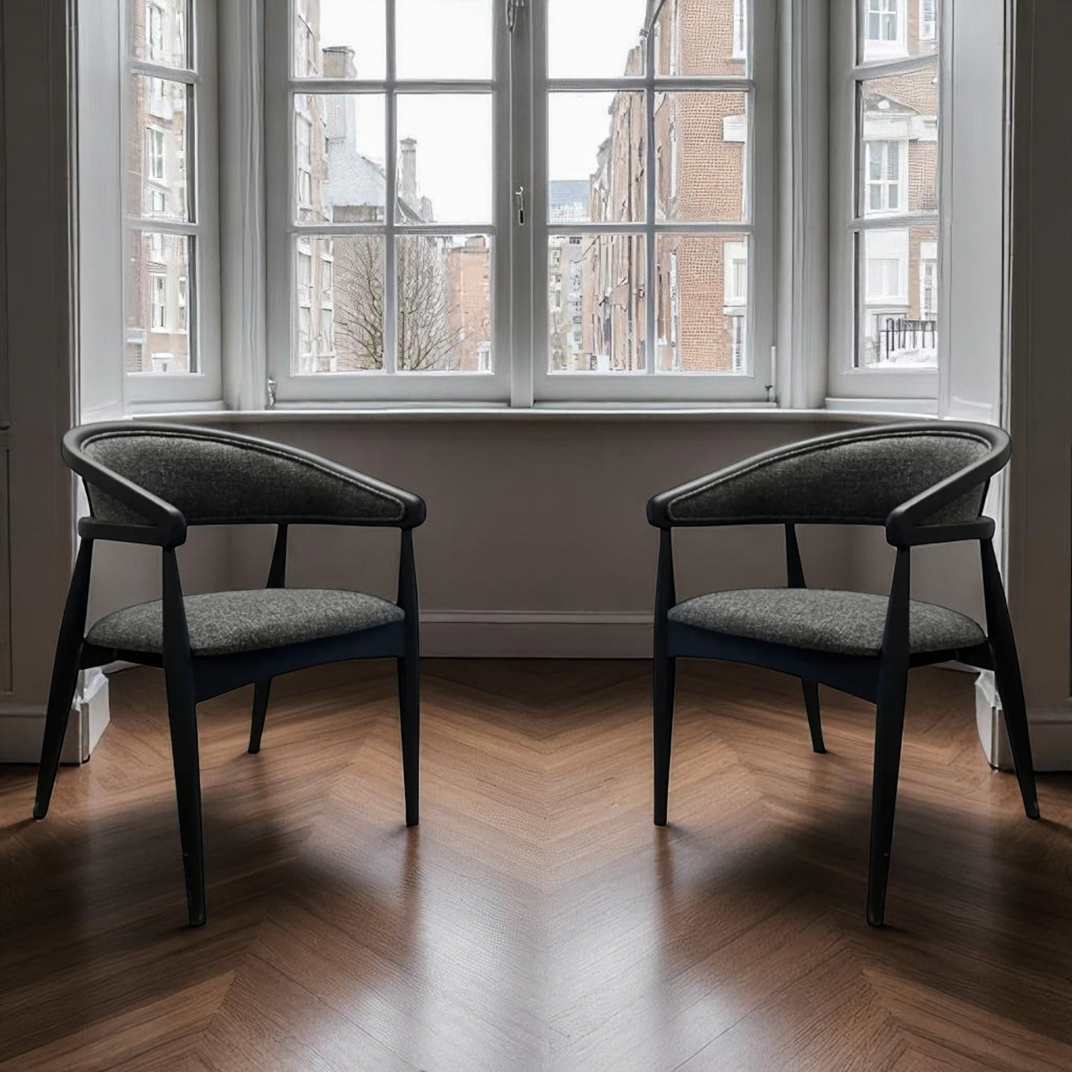 Set of 4 Black Wood Chair with Armrest