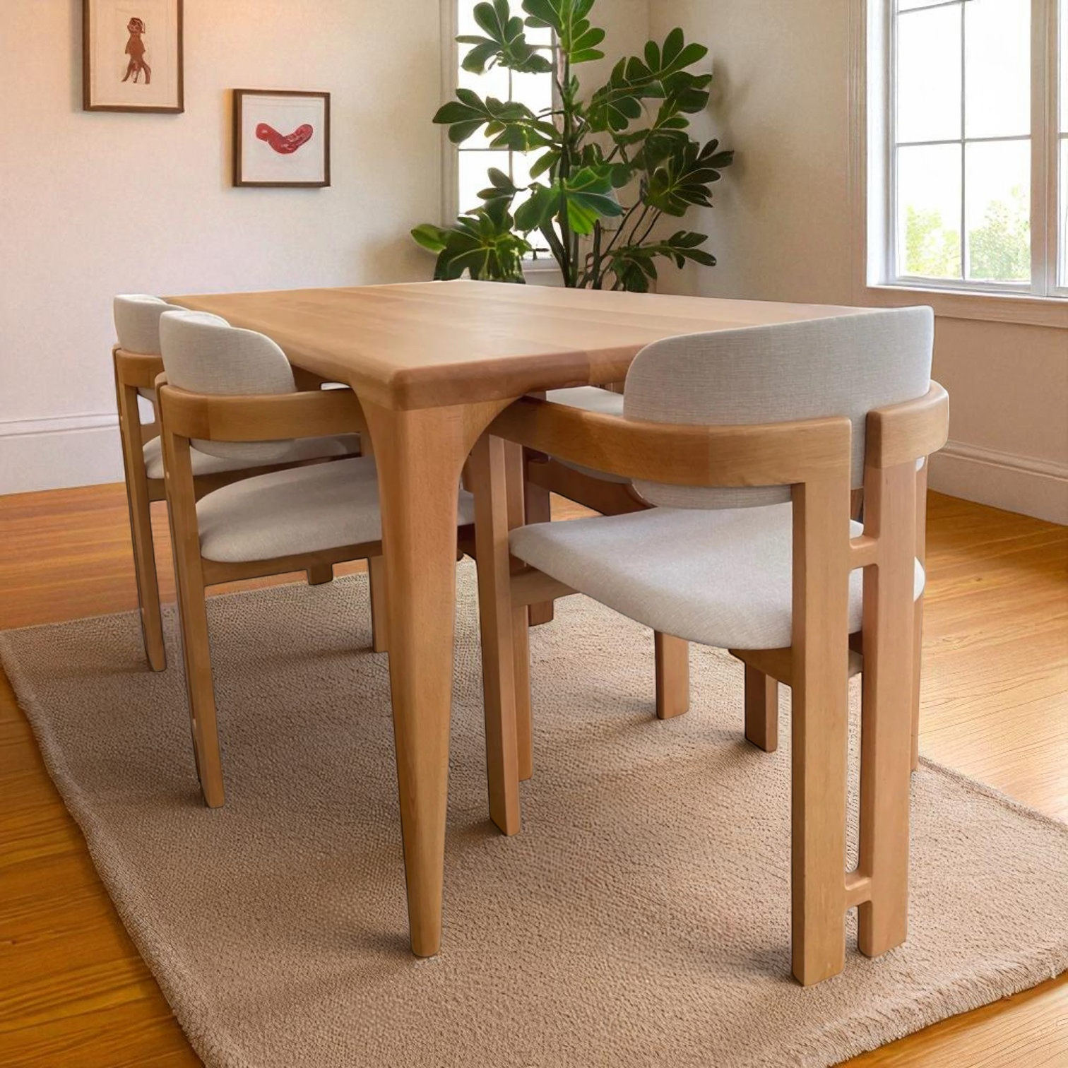 Comfortable Natural Dining Chair with Curved Design and Bouclé Upholstery