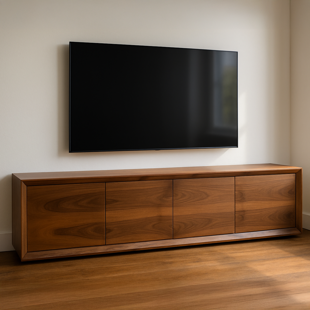 Handcrafted Solid Walnut TV Stand – One-Piece Design with 4 Seamless Drawers